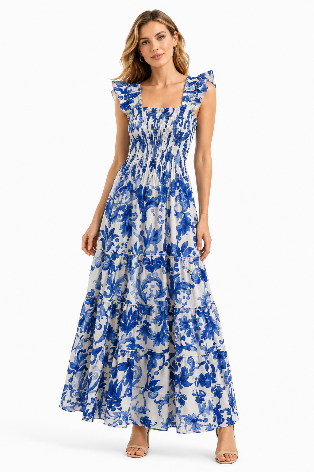 Abito Tori lungo bretelle in lino stampa Ramo blu