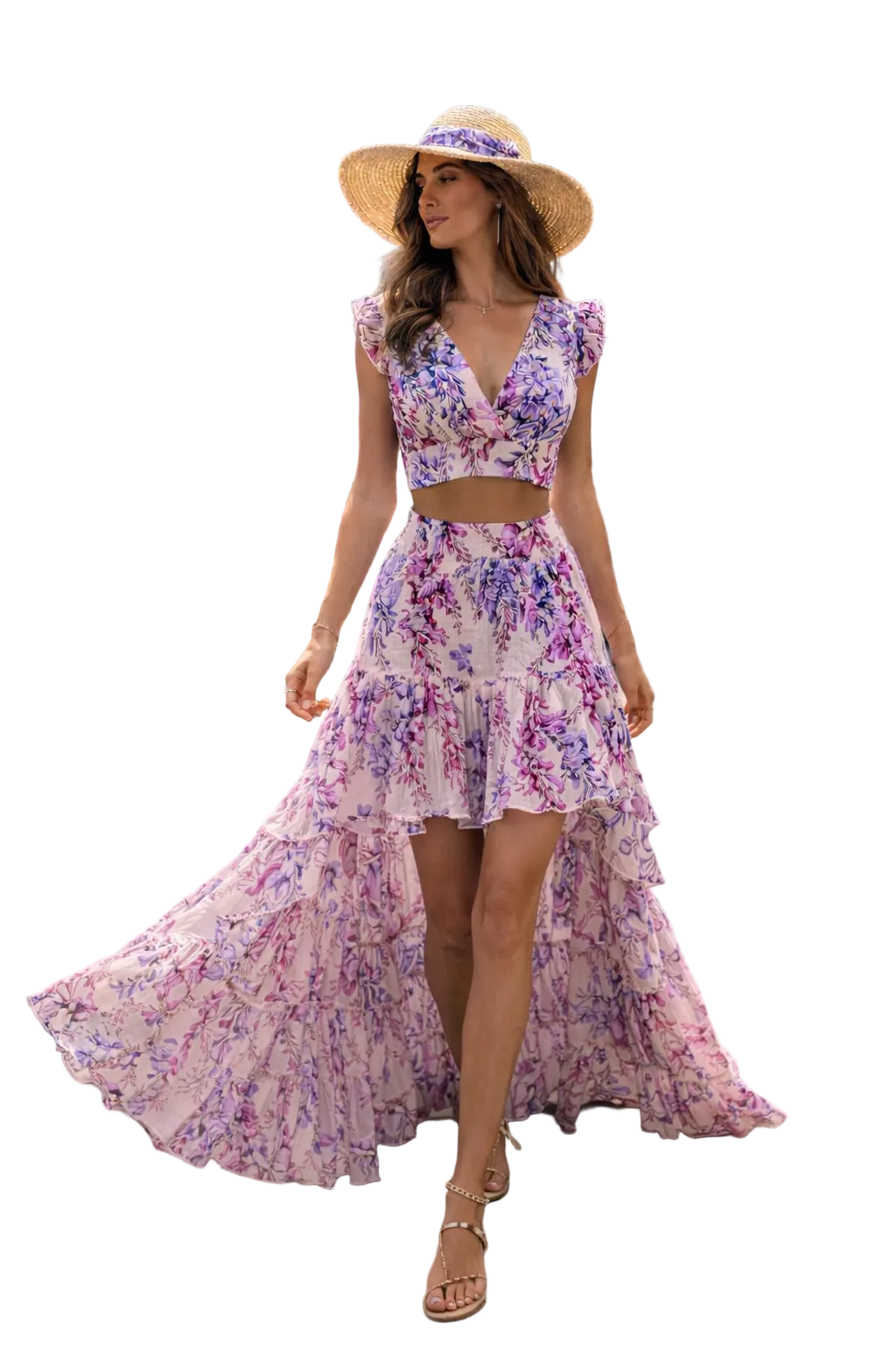 Completo top Pina colada e gonna Barcellona in lino stampa glicine