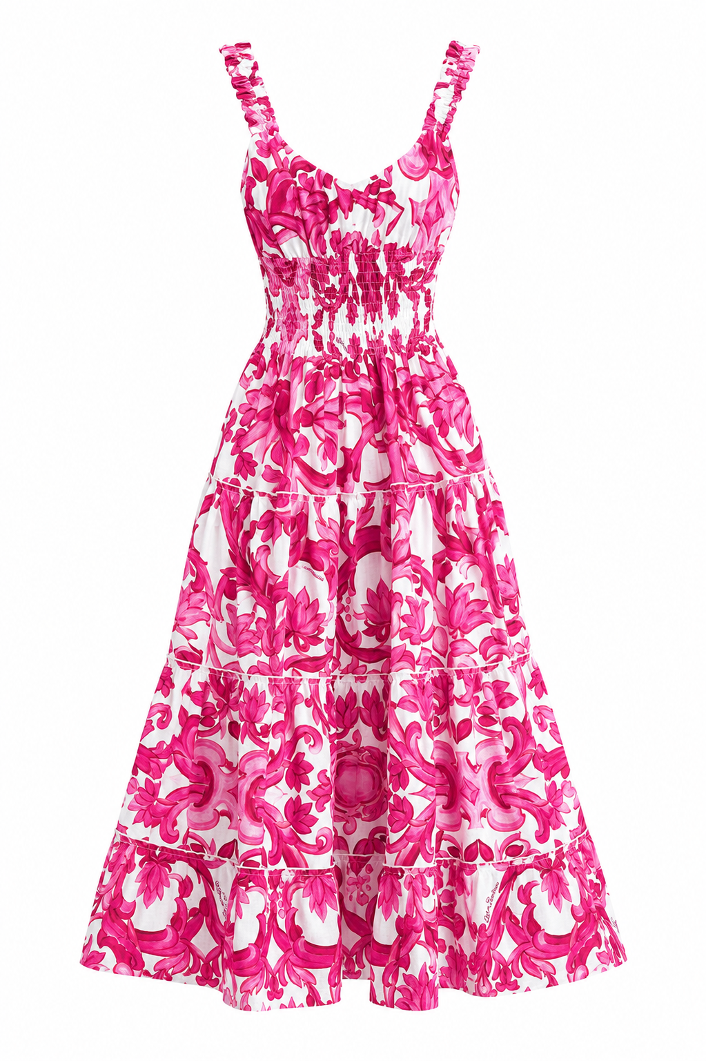 Abito Pesca lungo stampa Pittura rosa in lino bretelle elastiche