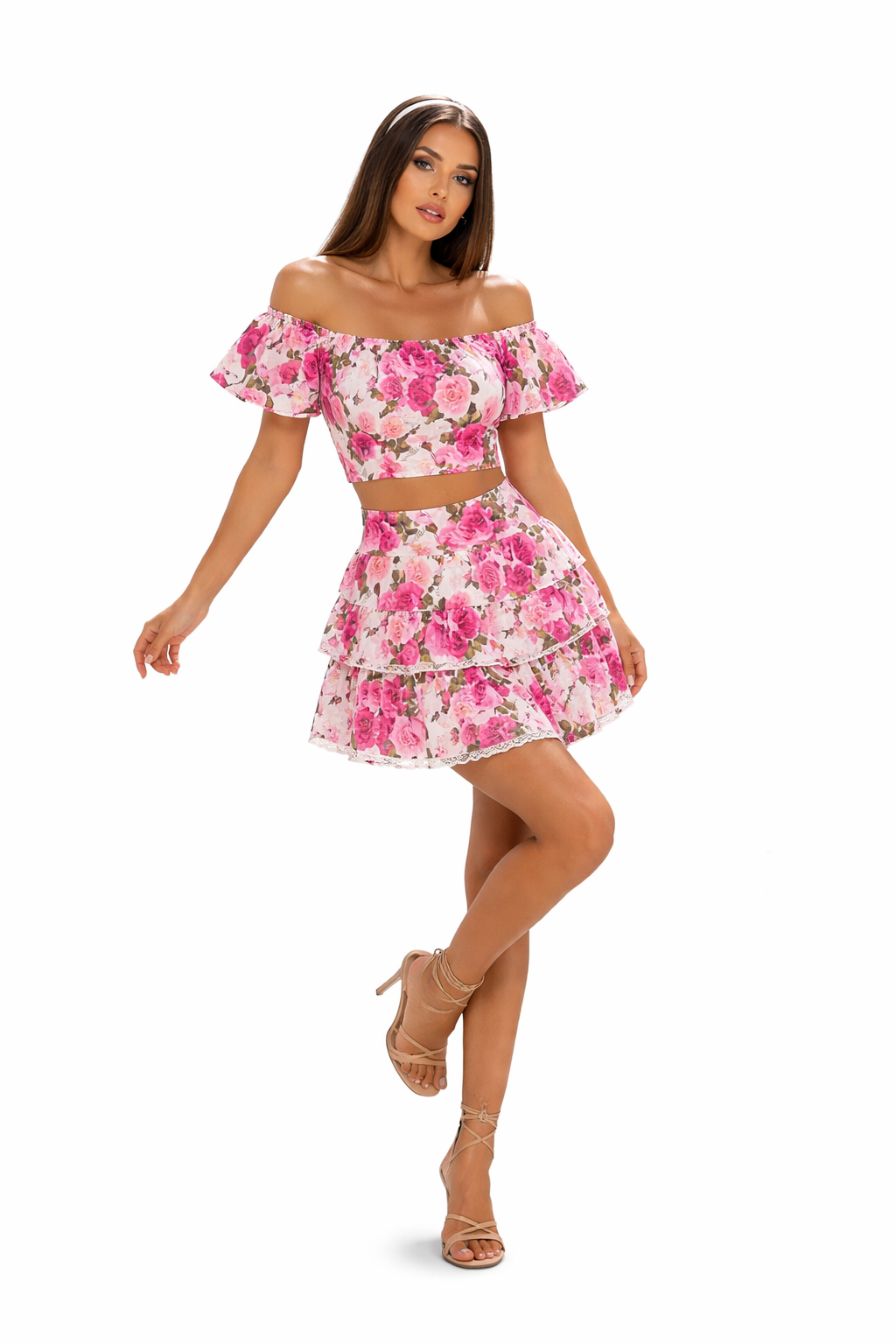 Coordinato in lino stampa rose top Volant e Mini gonna