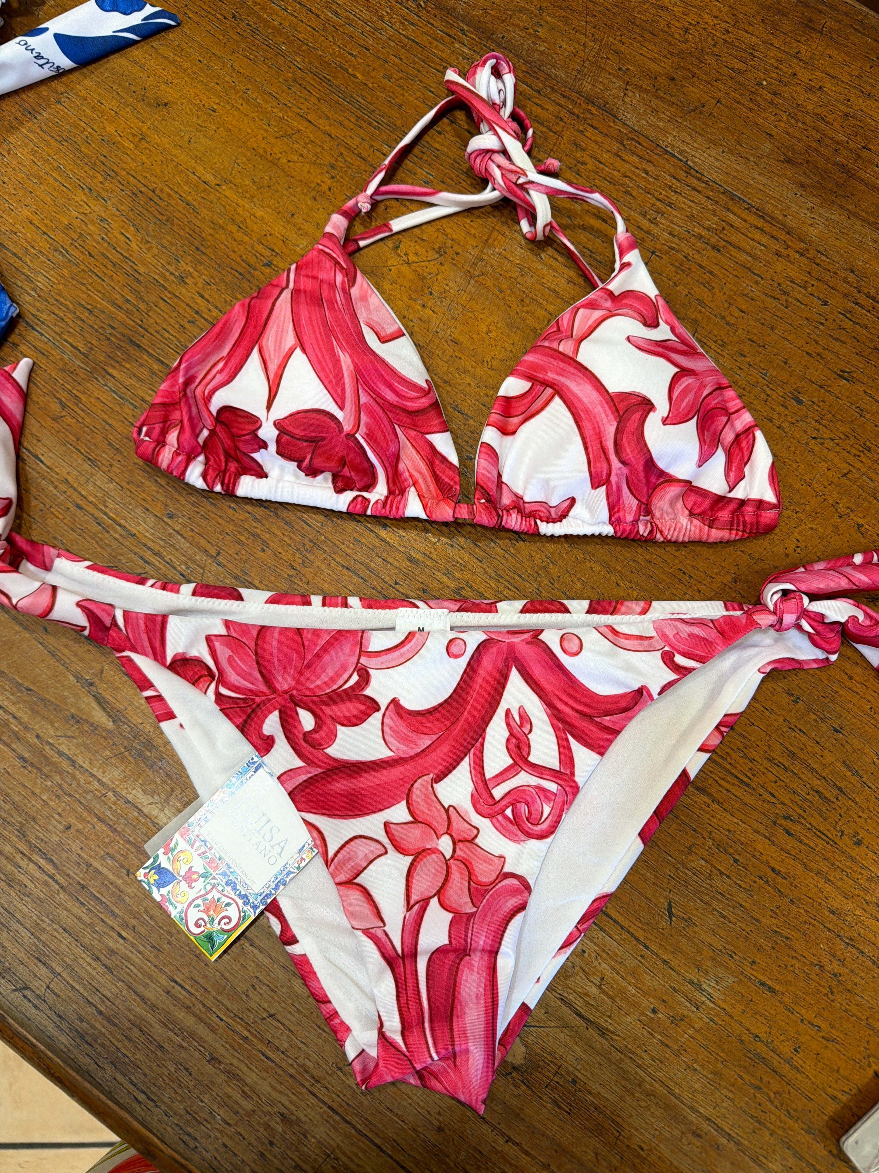 Bikini triangolo in lycra stampa pittura rosa