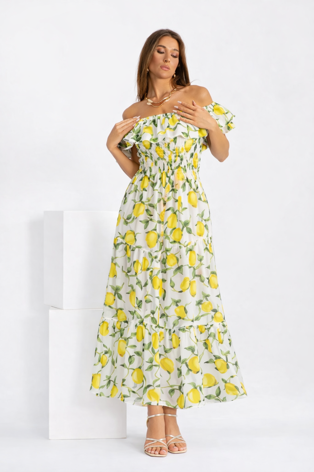Double Ruffle Linen Dress with Lemon Print