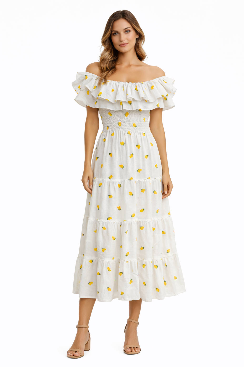 Kleid Doppelrüsche aus Leinen, bestickt mit Zitronen, weiß