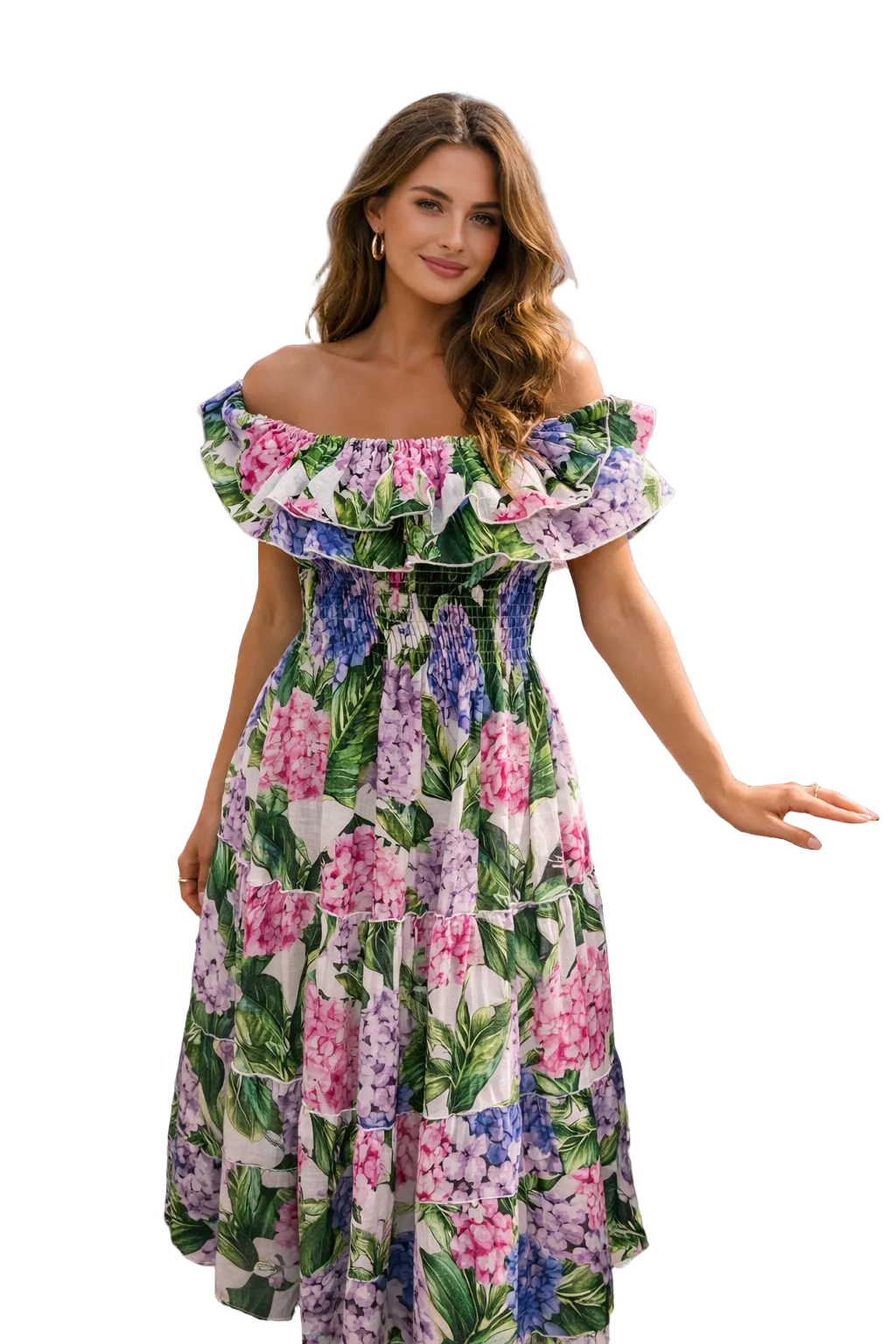 Double flounce hydrangea print linen dress