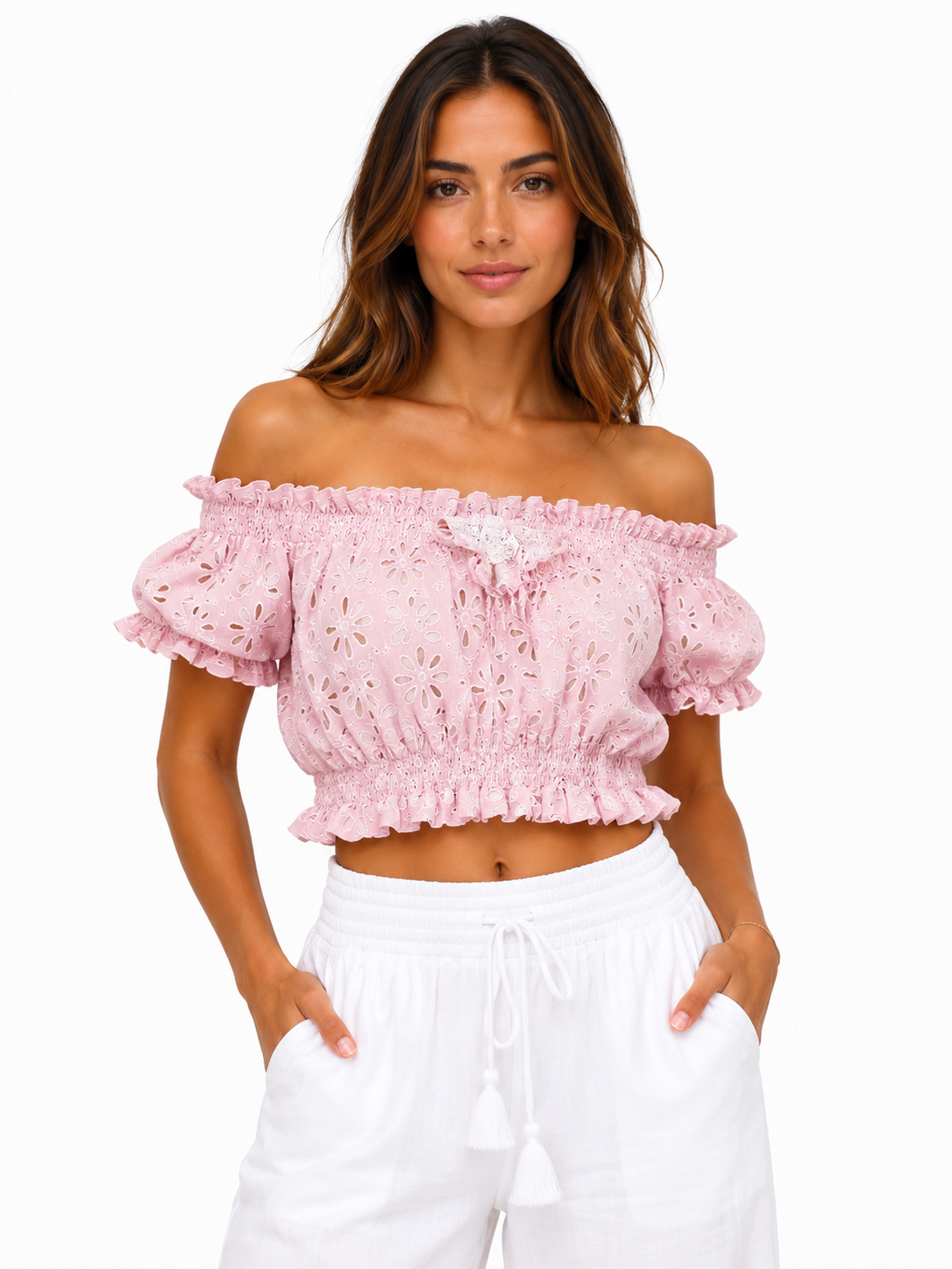 Top fiocco in lino ricamo sangallo rosa