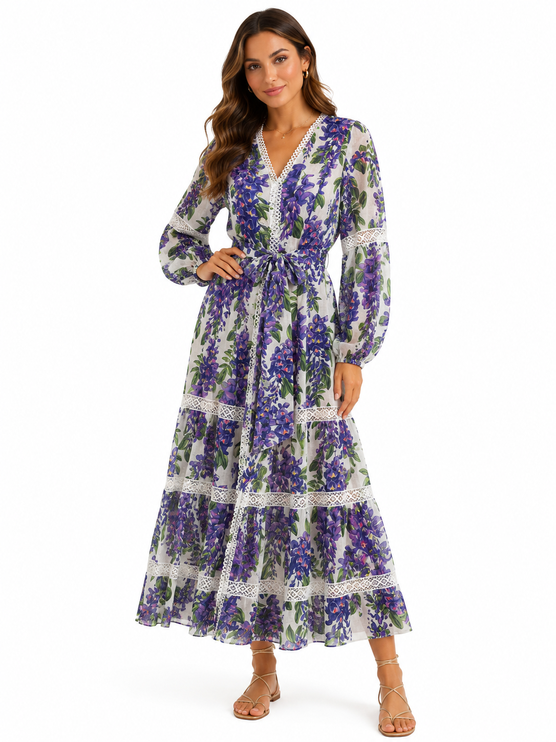 Langes Leinenkleid „Wisteria“ mit lila Print