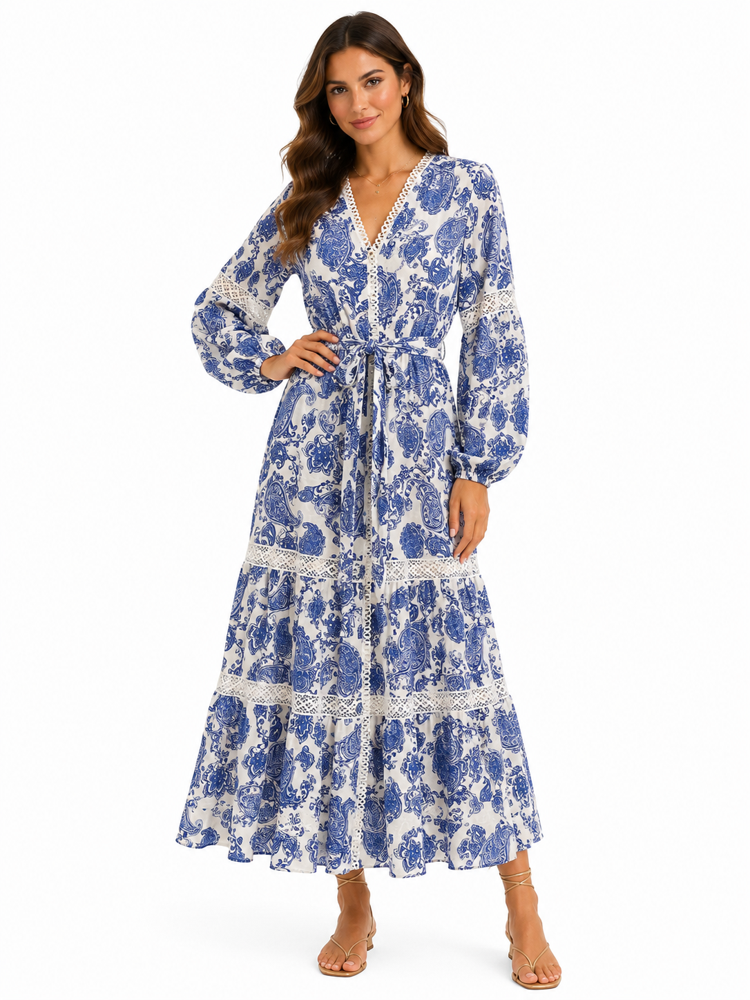 Kleid Star, lang, tailliert, Leinen mit Paisley-Druck in Blau
