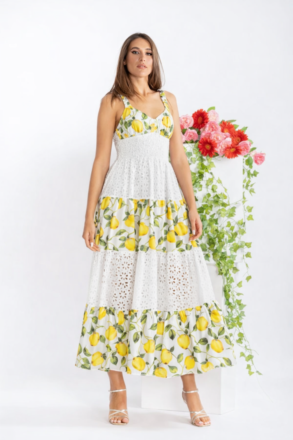 Long two-tone Peach dress in linen and sangallo