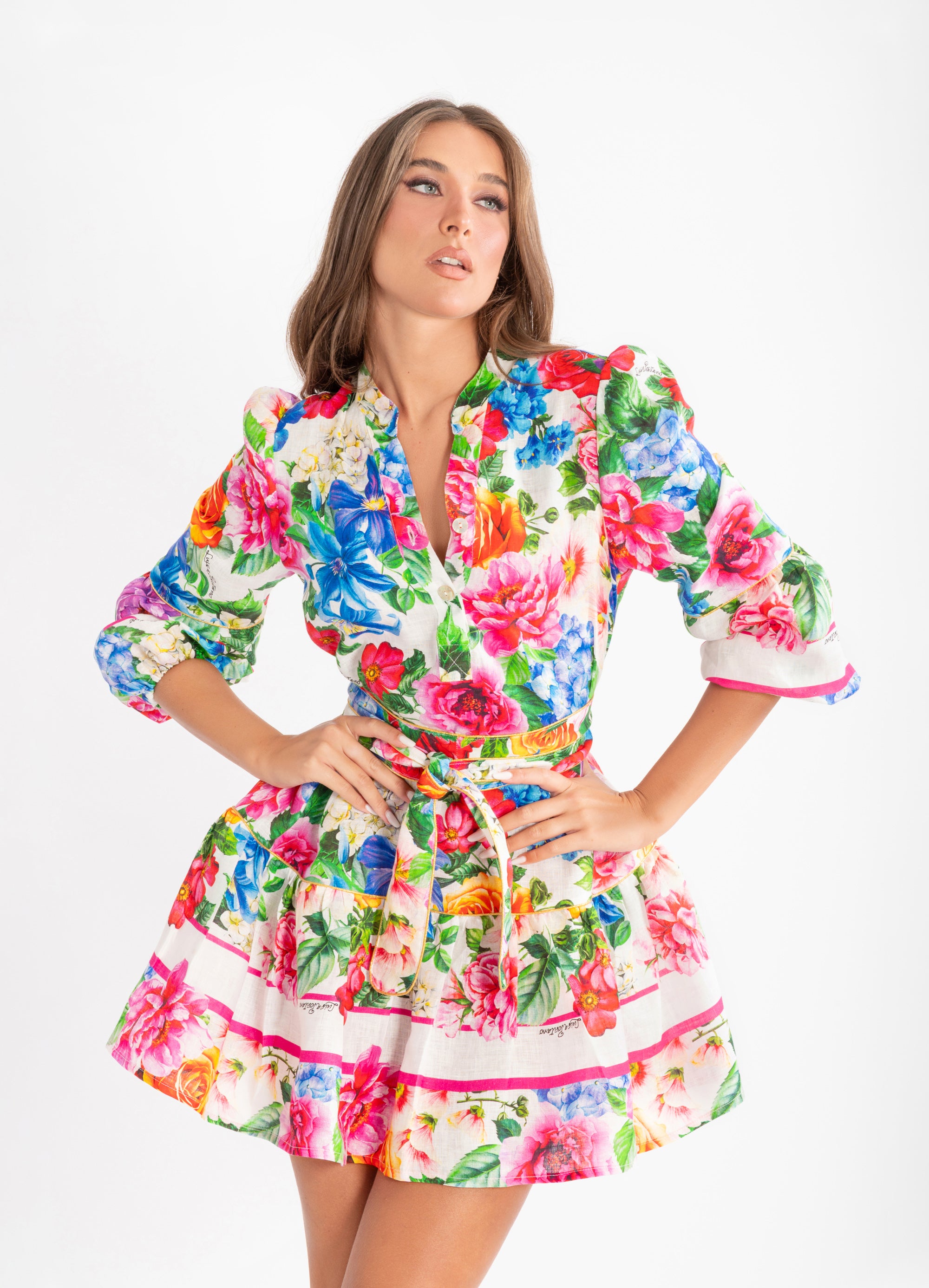 Monaco short dress with floral print in linen