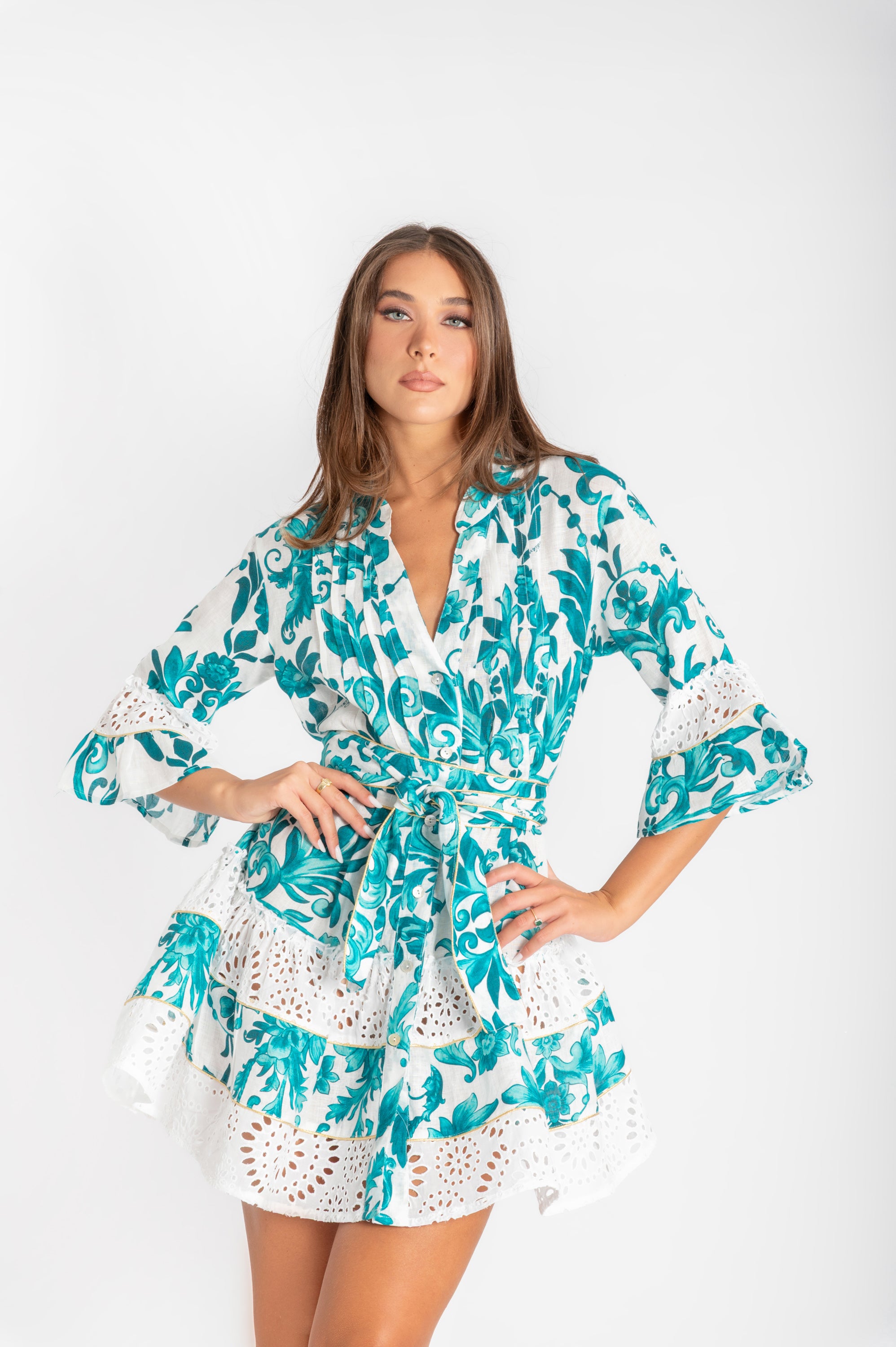 Abito Fame in lino e pizzo sangallo stampa ramo verde