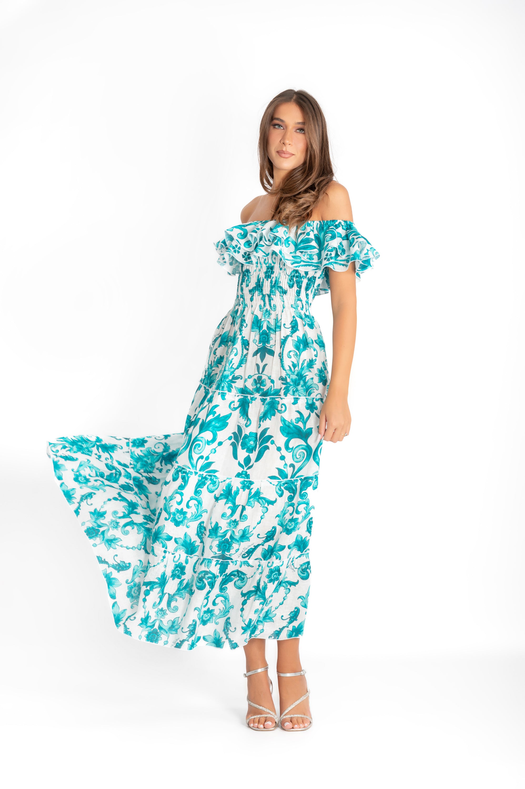 abito doppio volant in lino stampa ramo verde