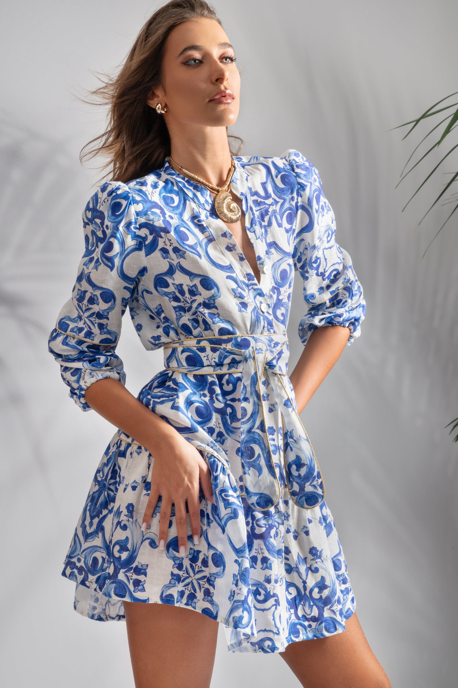 Abito Monaco corto in lino stampa Ravello blu