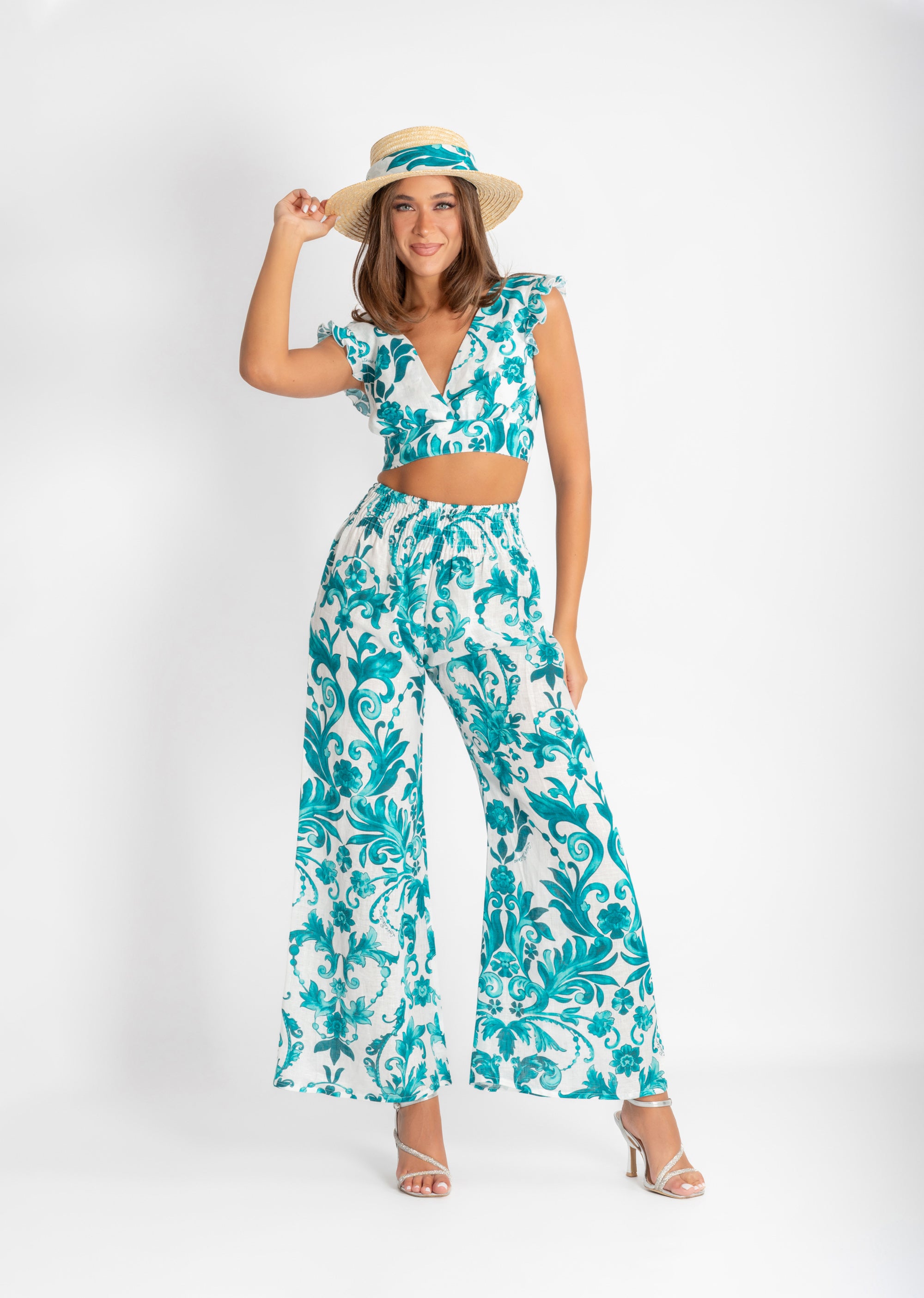 Coordinato in lino stampa Ramo verde top Pina colada e pantaloni Mandala