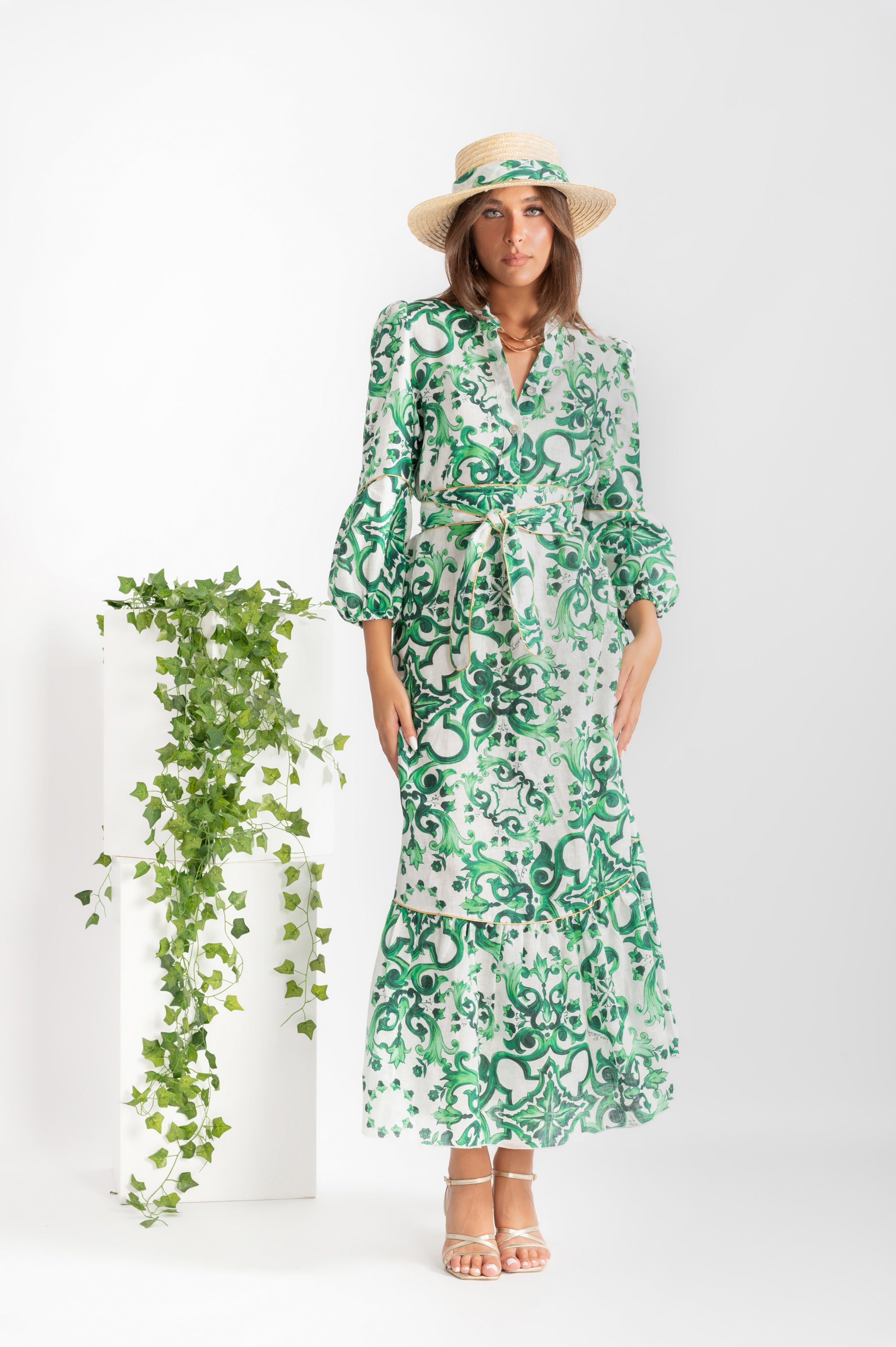Monaco long dress with belt and green Ravello print