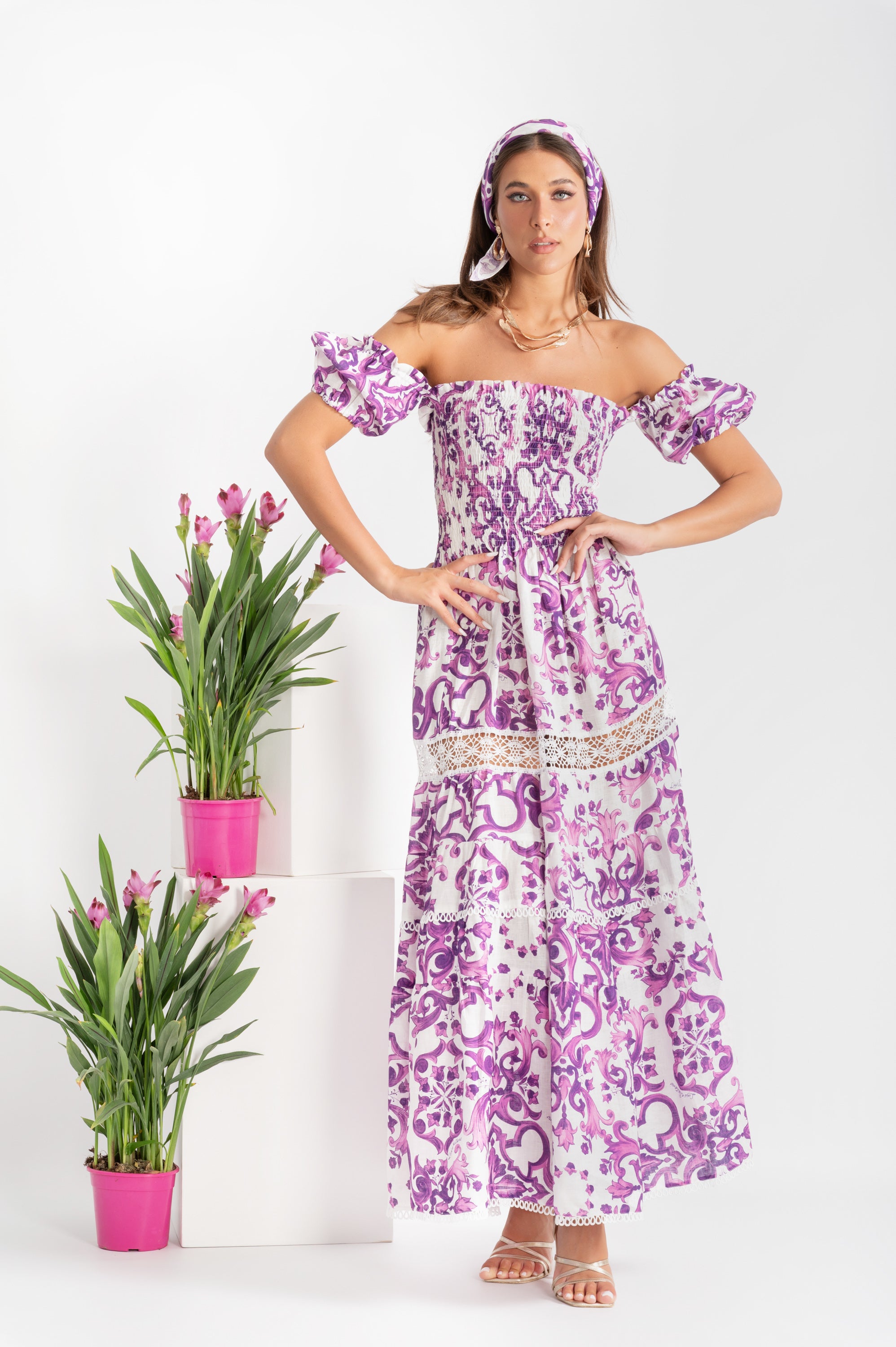 Austria long dress in purple Ravello print linen with lace insert