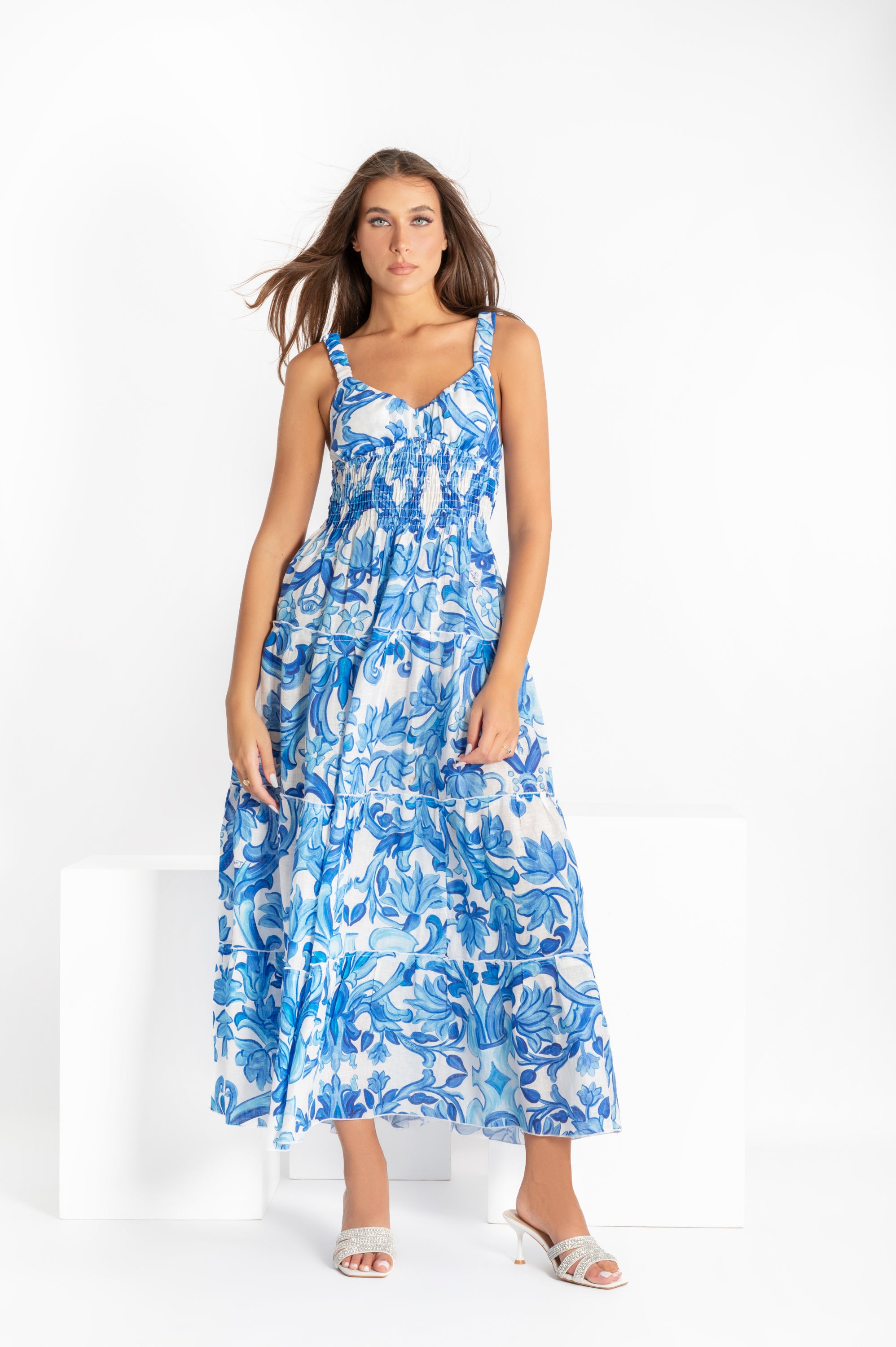 Long Peach Dress in Blue Painting Print Linen with Elastic Straps