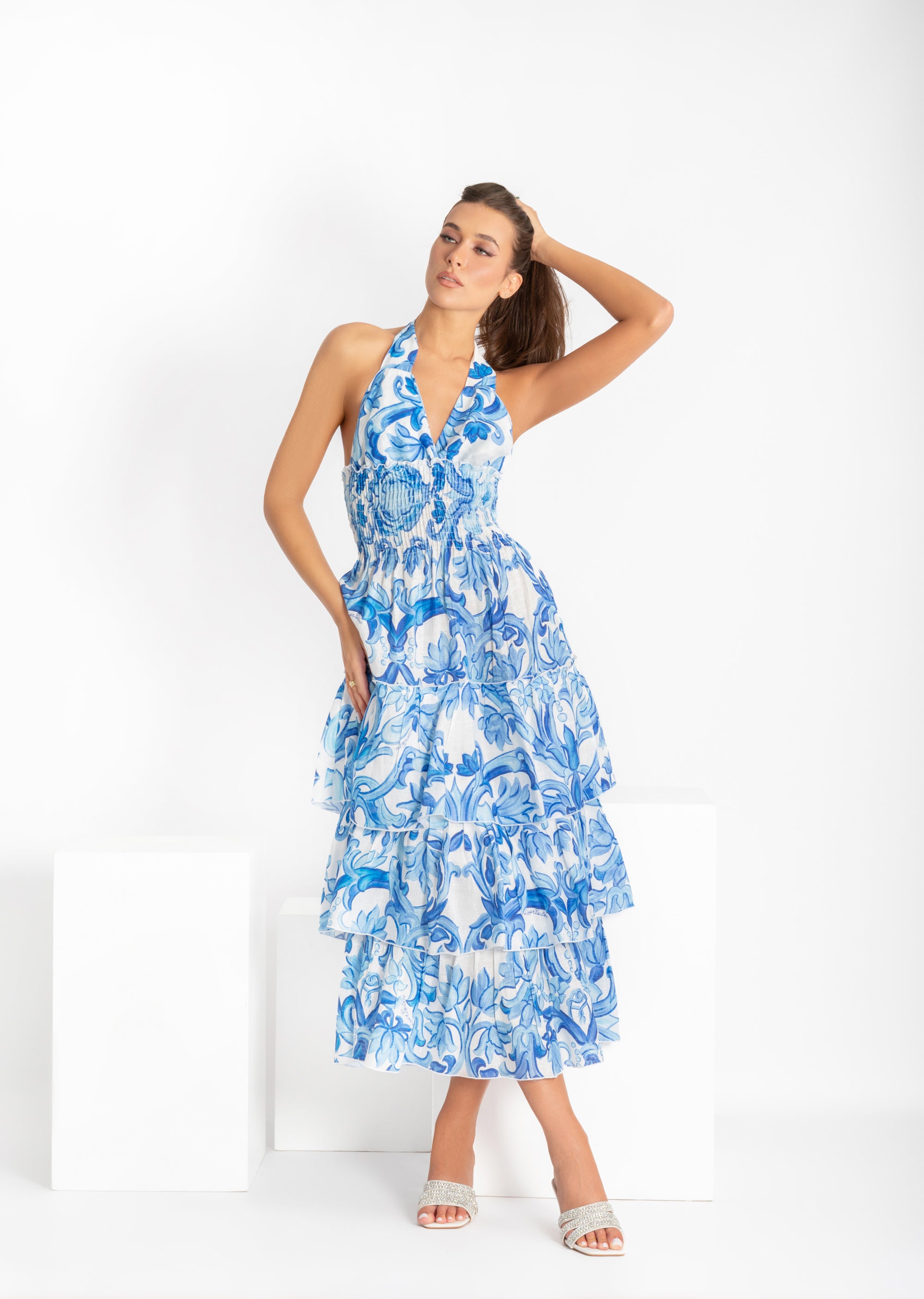 Avocado long linen dress with blue painting print