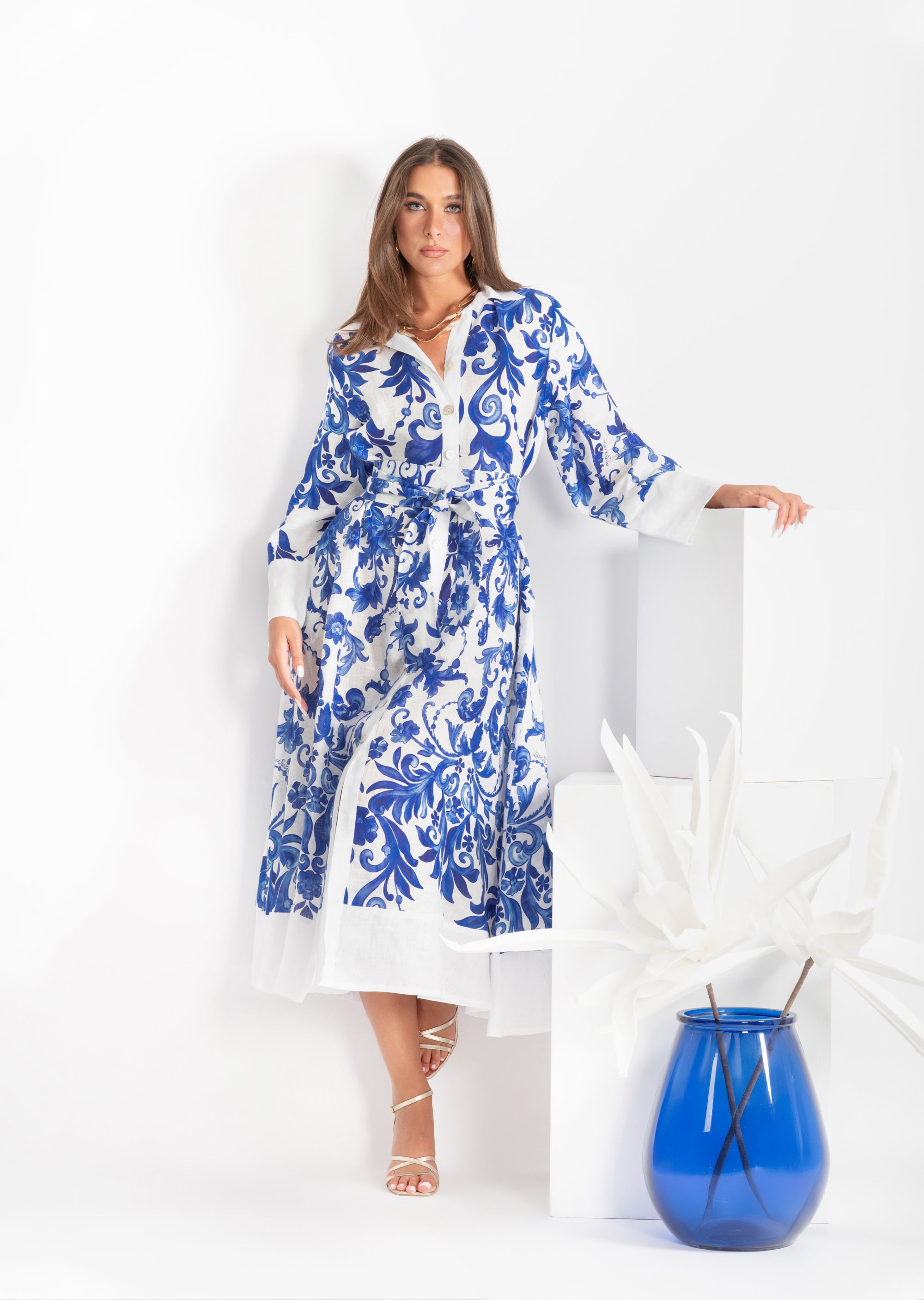 Asal blue branch print linen dress