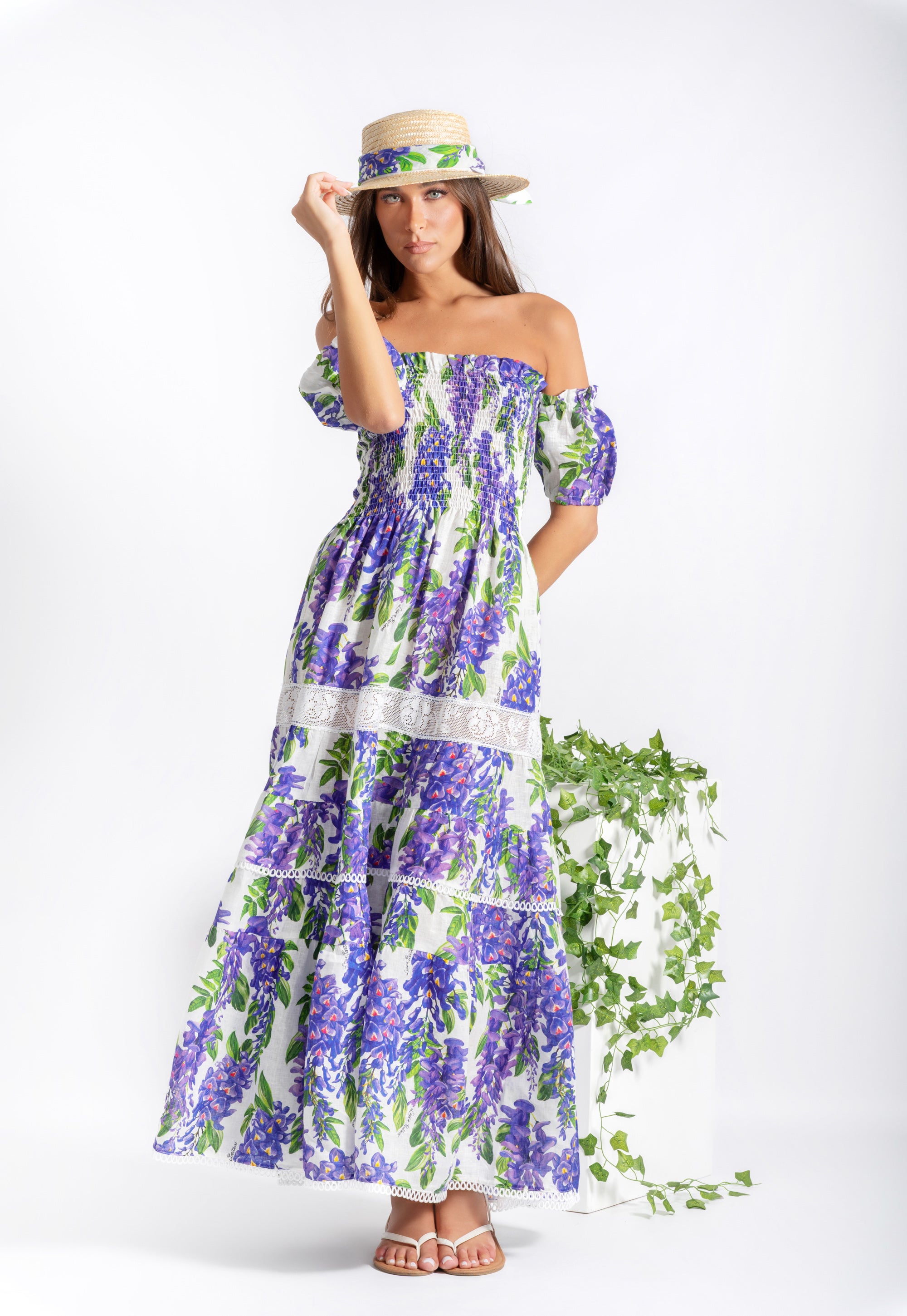 Purple wisteria print linen Austria dress