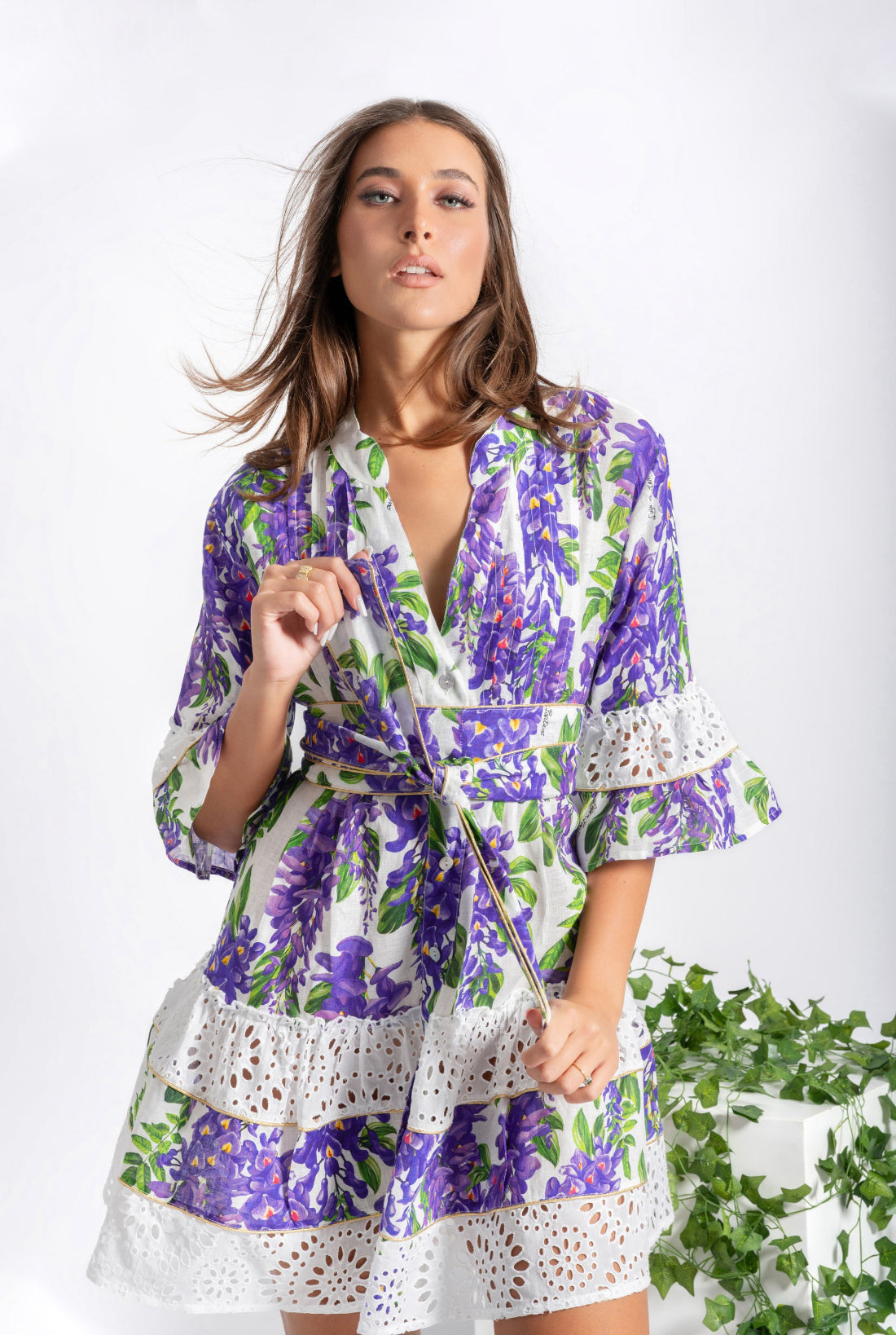 Fame linen and sangallo lace dress with gold trim and wisteria print belt