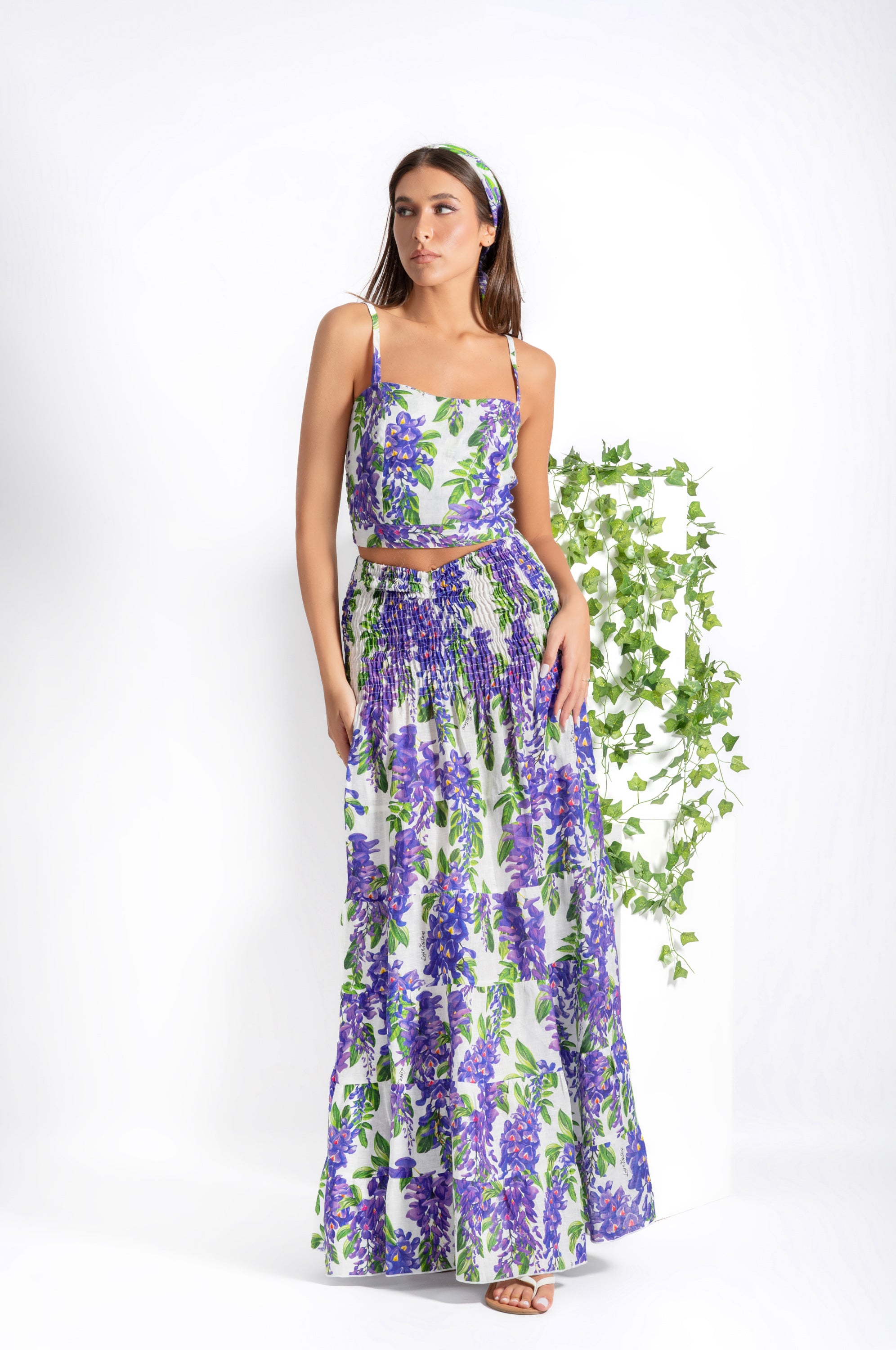 Luana top and Totarone extra long skirt coordinated set in purple wisteria print linen