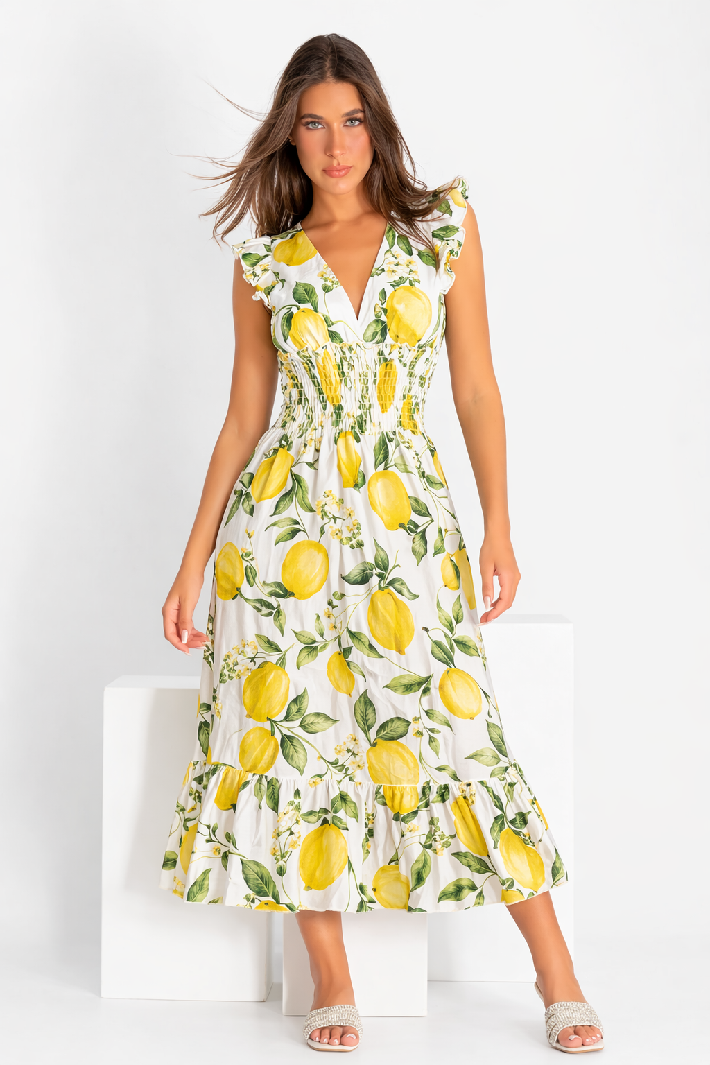 Long toucan dress in linen with lemon print