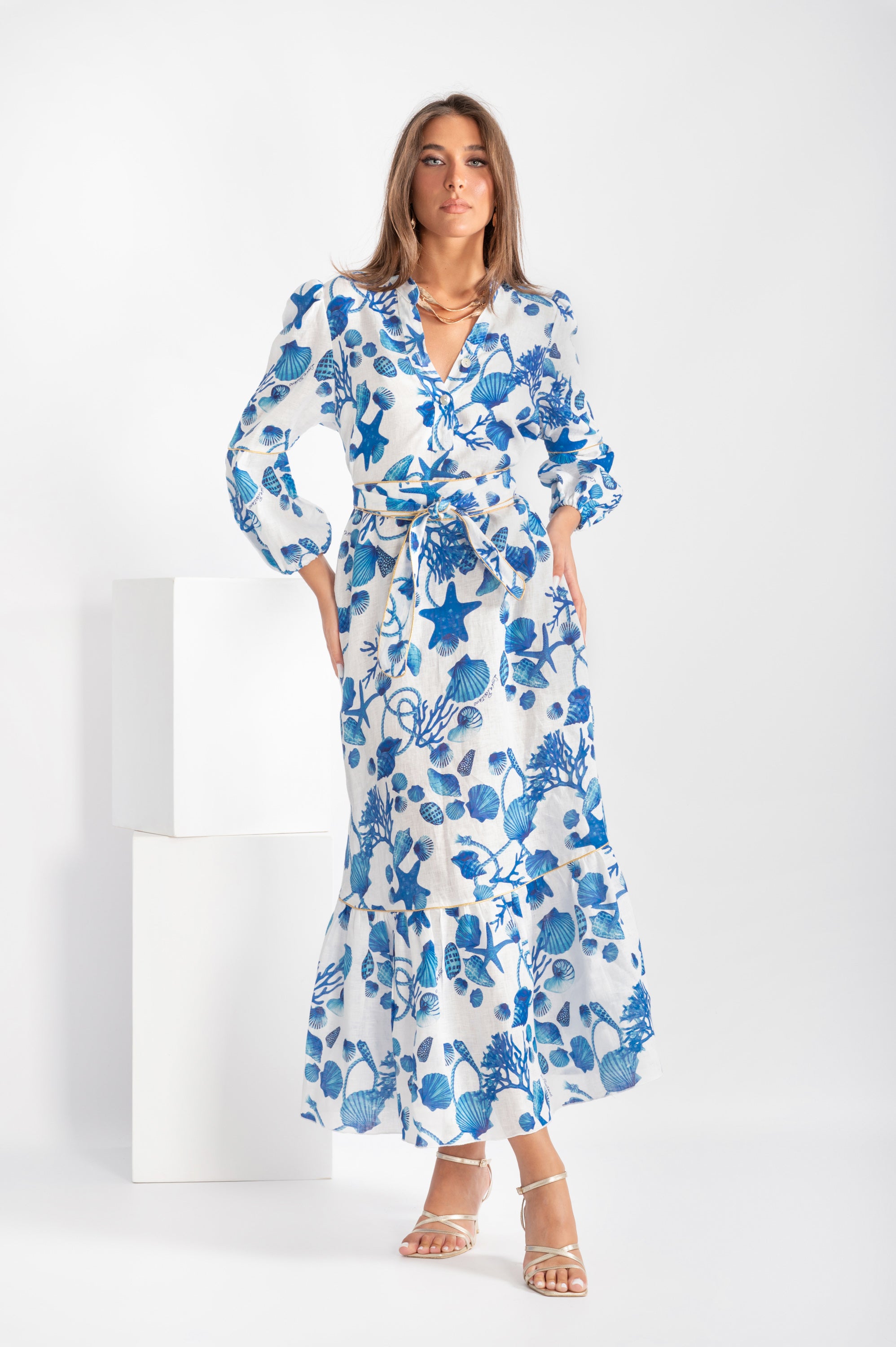 Long Monaco linen dress with coral print belt