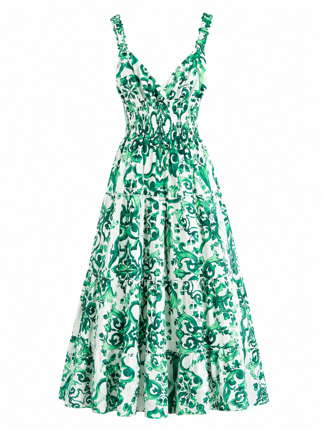 Abito Pesca lungo stampa Ravello verde in lino bretelle elastiche