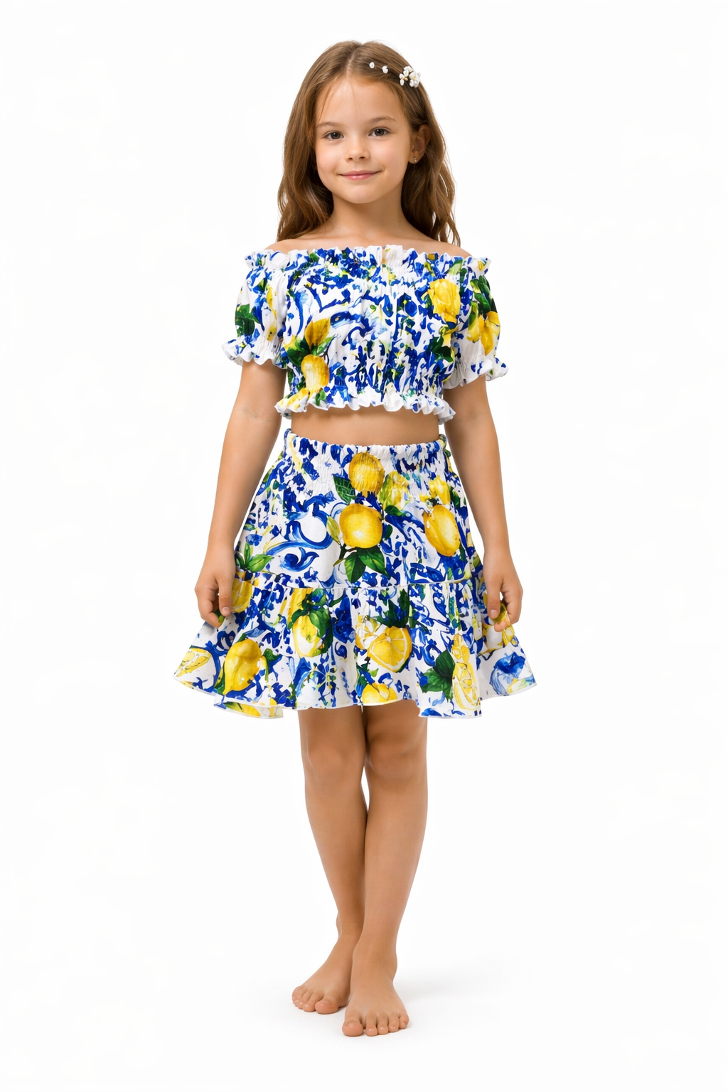 Girls' coordinated linen outfit with Ravello lemons print