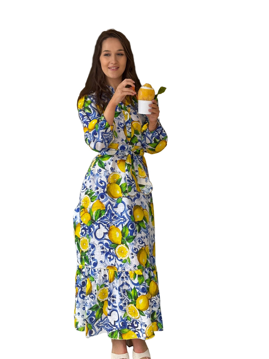 Long Monaco linen dress with Ravello lemons print