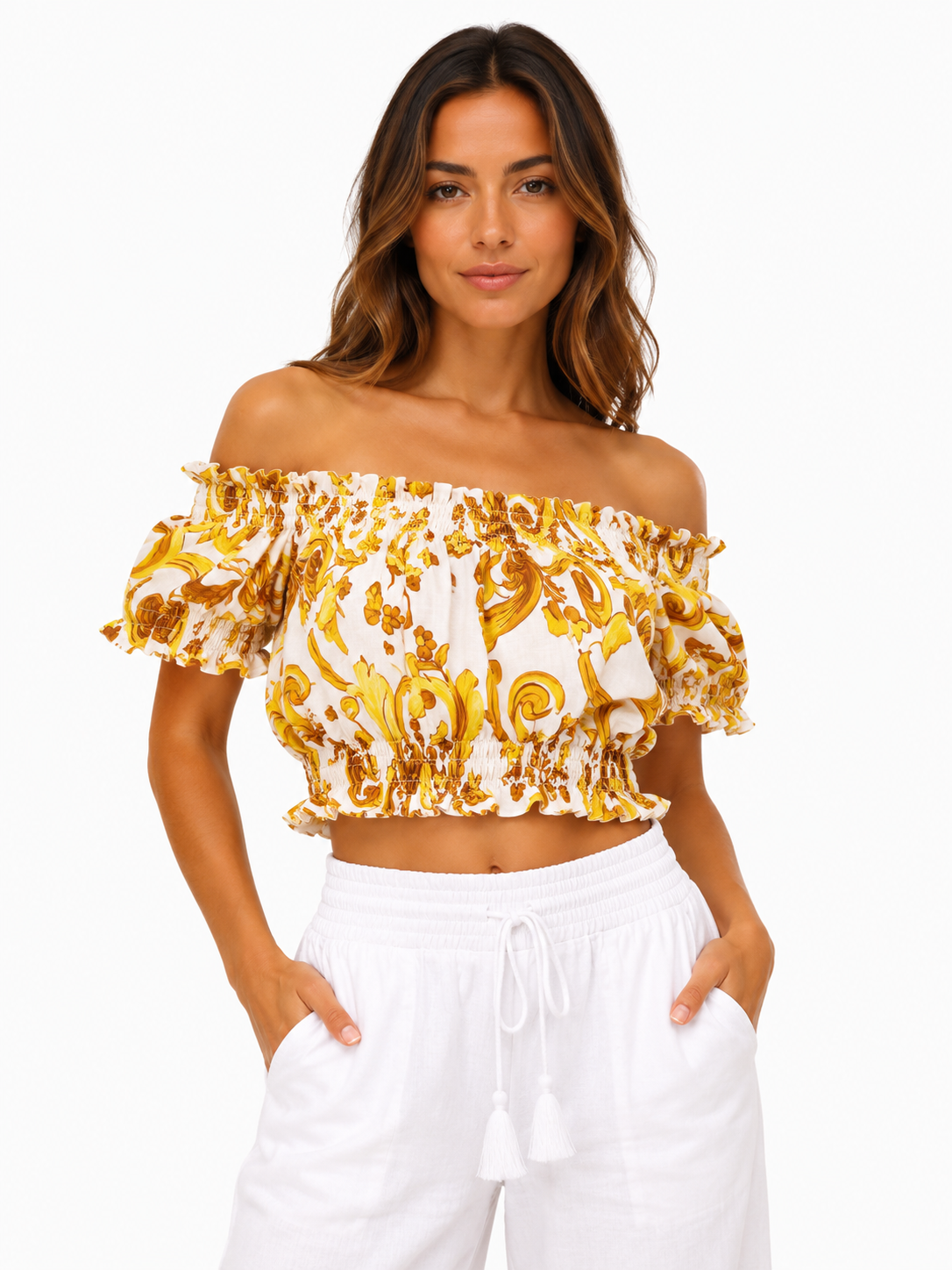 Top fiocco in lino stampa Ravello giallo