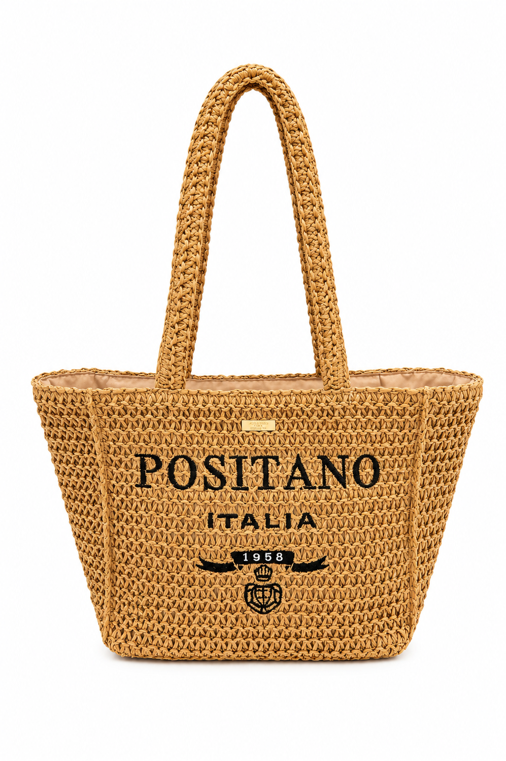 Borsa Tote in paglia marrone piccola con scritto zip e scritta Positano