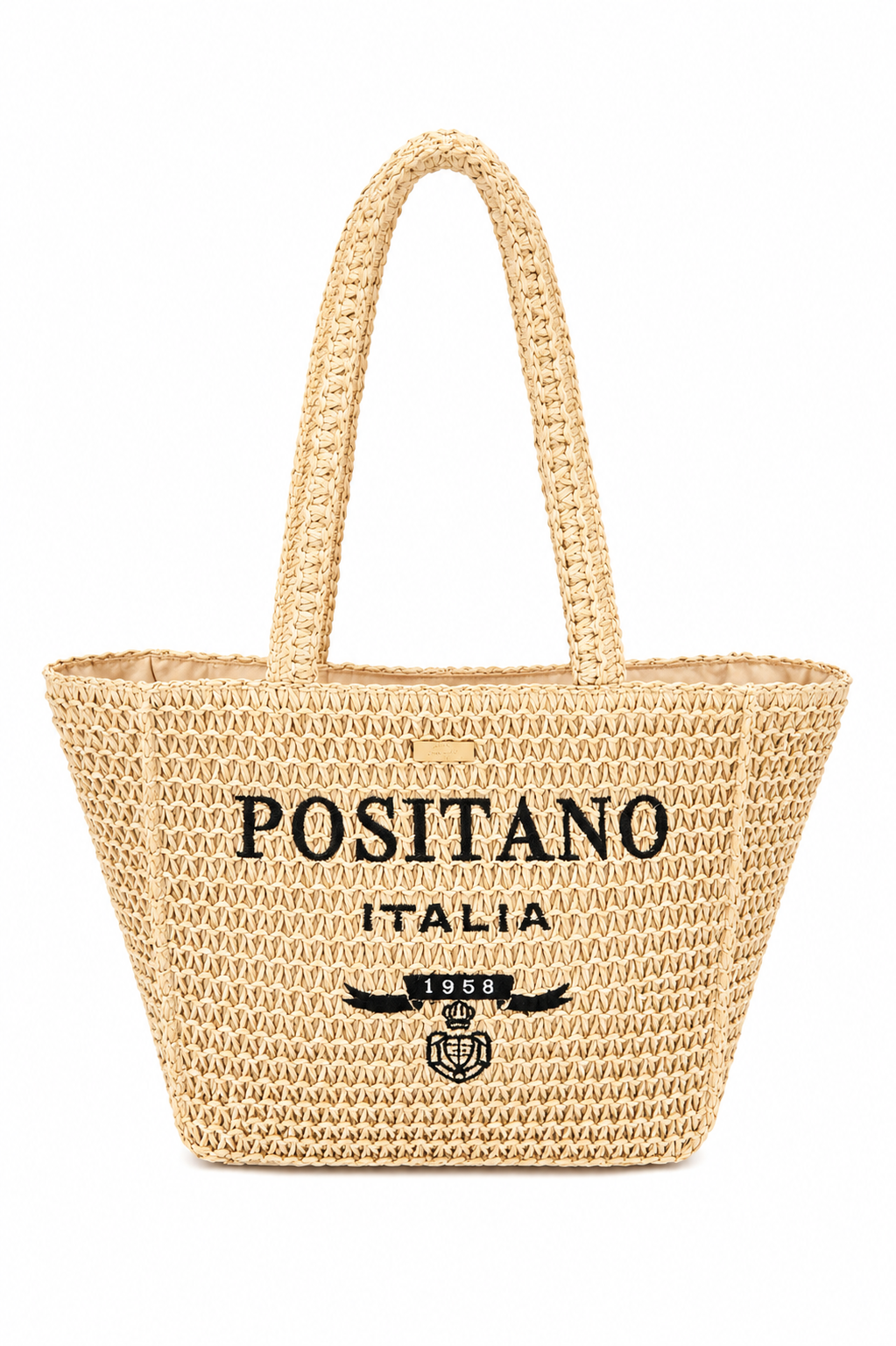 Borsa Tote in paglia naturale piccola con zip e scritta Positano