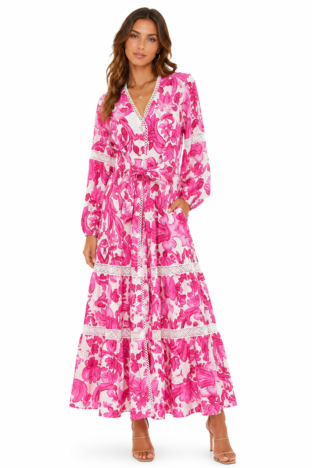 Abito Star lungo in lino stampa Pittura rosa
