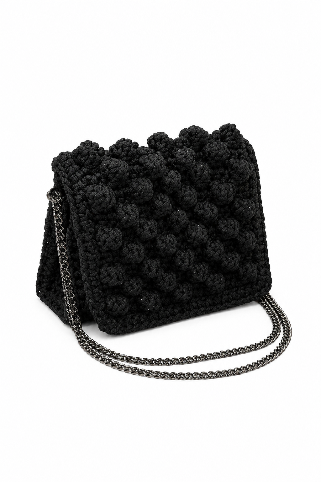 Borsa uncinetto fatta a mano con catena a tracolla e fodera colore nero
