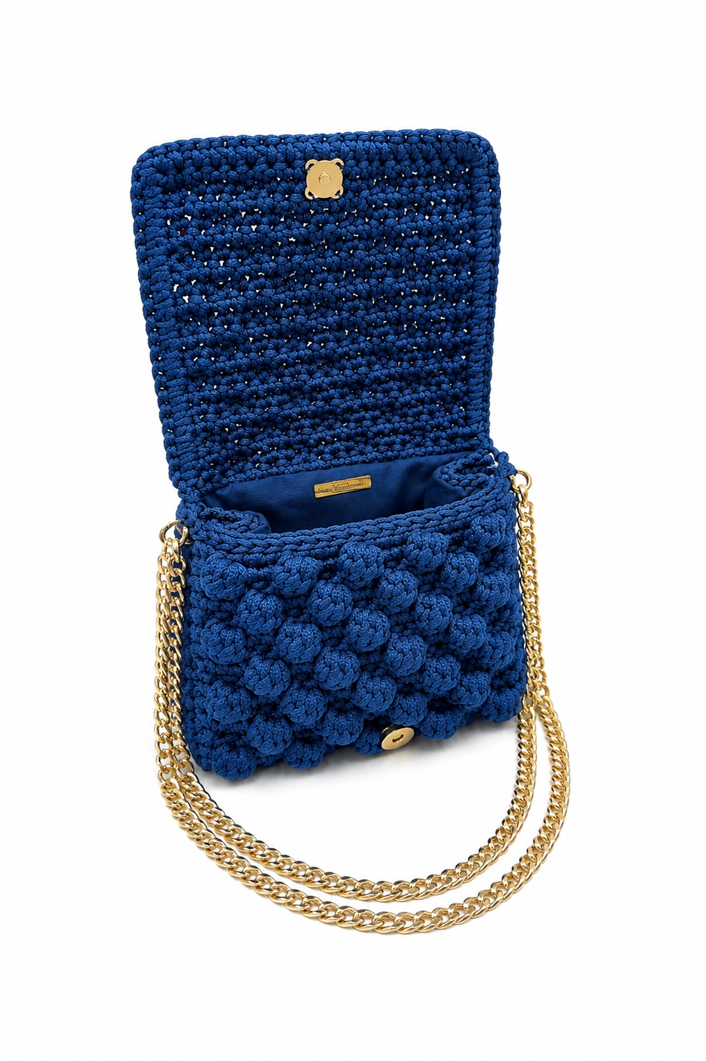 Borsa uncinetto fatta a mano con catena a tracolla e fodera colore blu