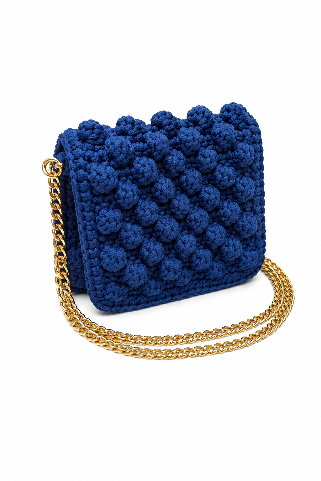 Borsa uncinetto fatta a mano con catena a tracolla e fodera colore blu