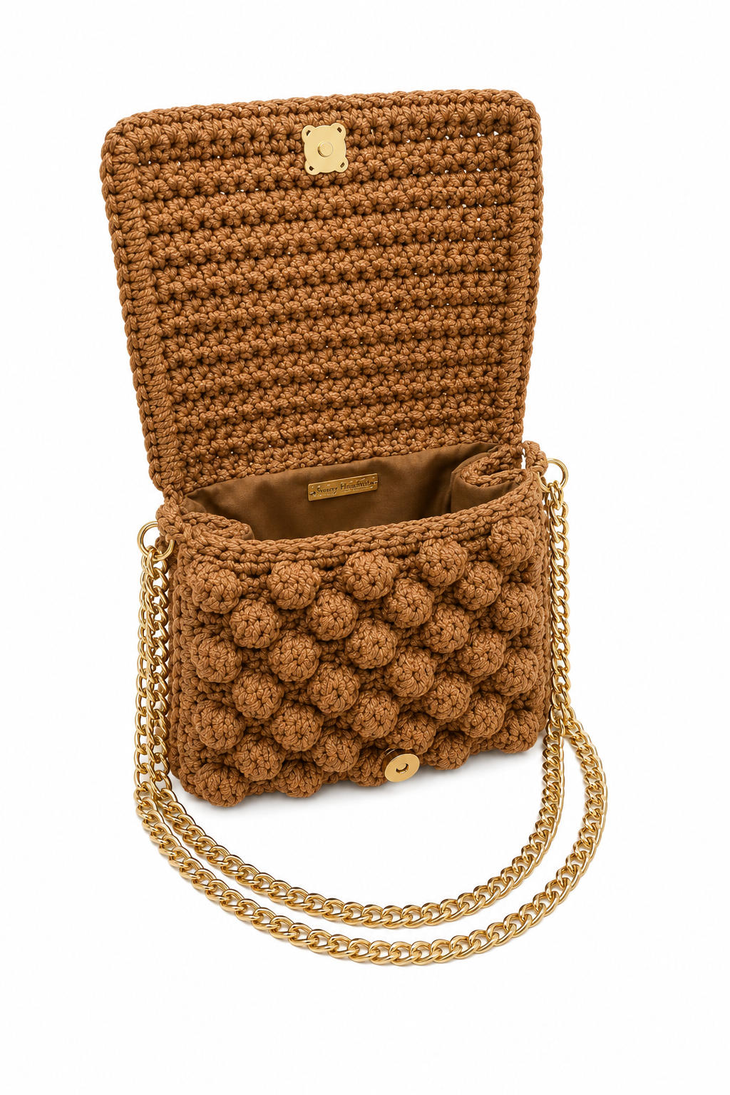 Borsa uncinetto fatta a mano con catena a tracolla e fodera colore marrone