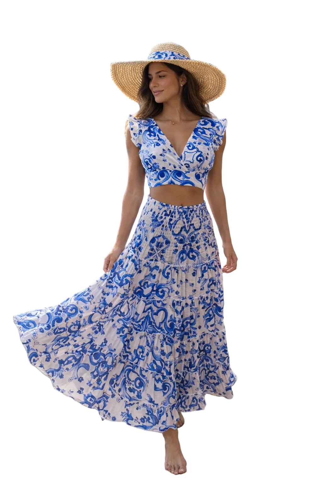 Pina Colada top and Hedy skirt set in blue Ravello print linen