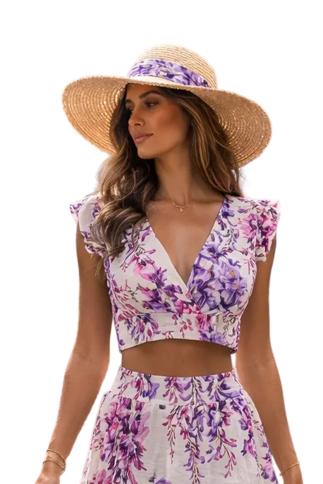 top Pina colada in linen wisteria print