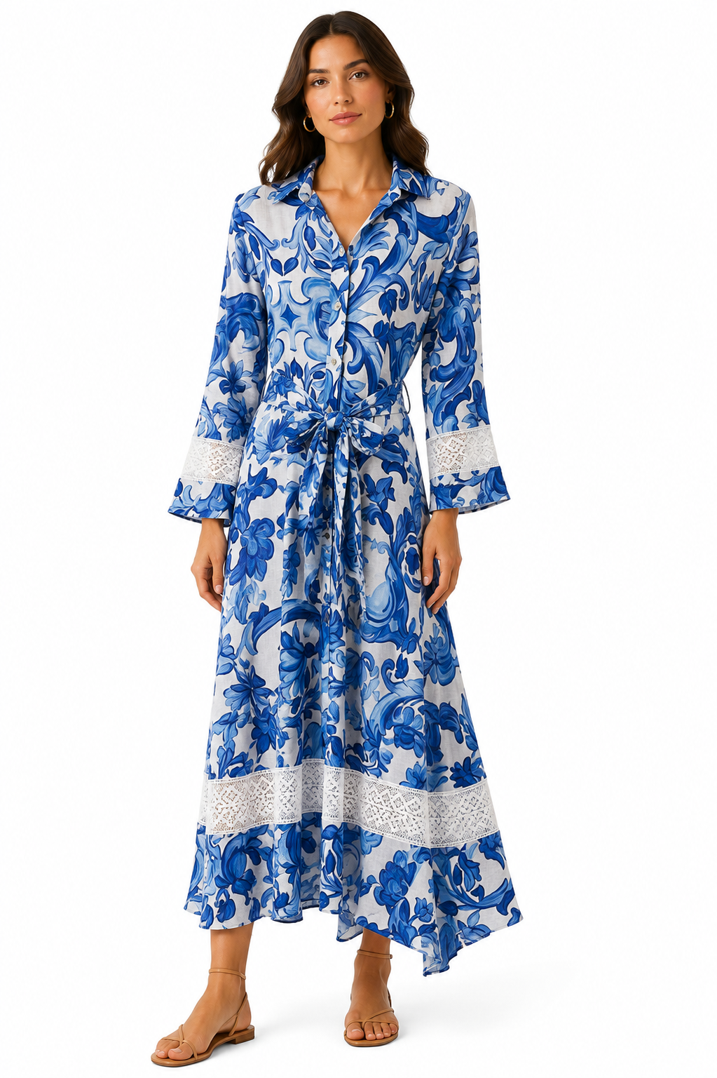 Abito Asal merletti in lino stampa Pittura blu