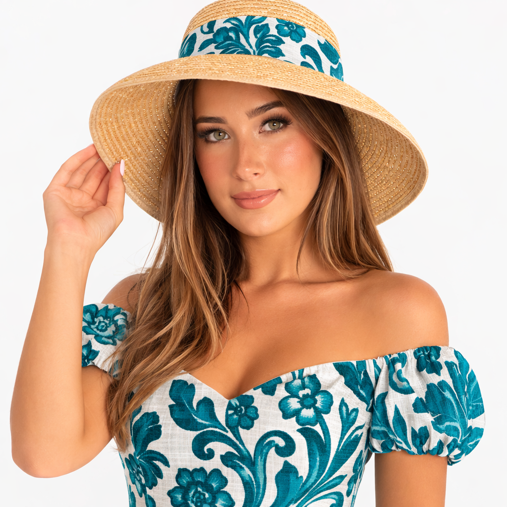 Cappello paglia stampa ramo verde