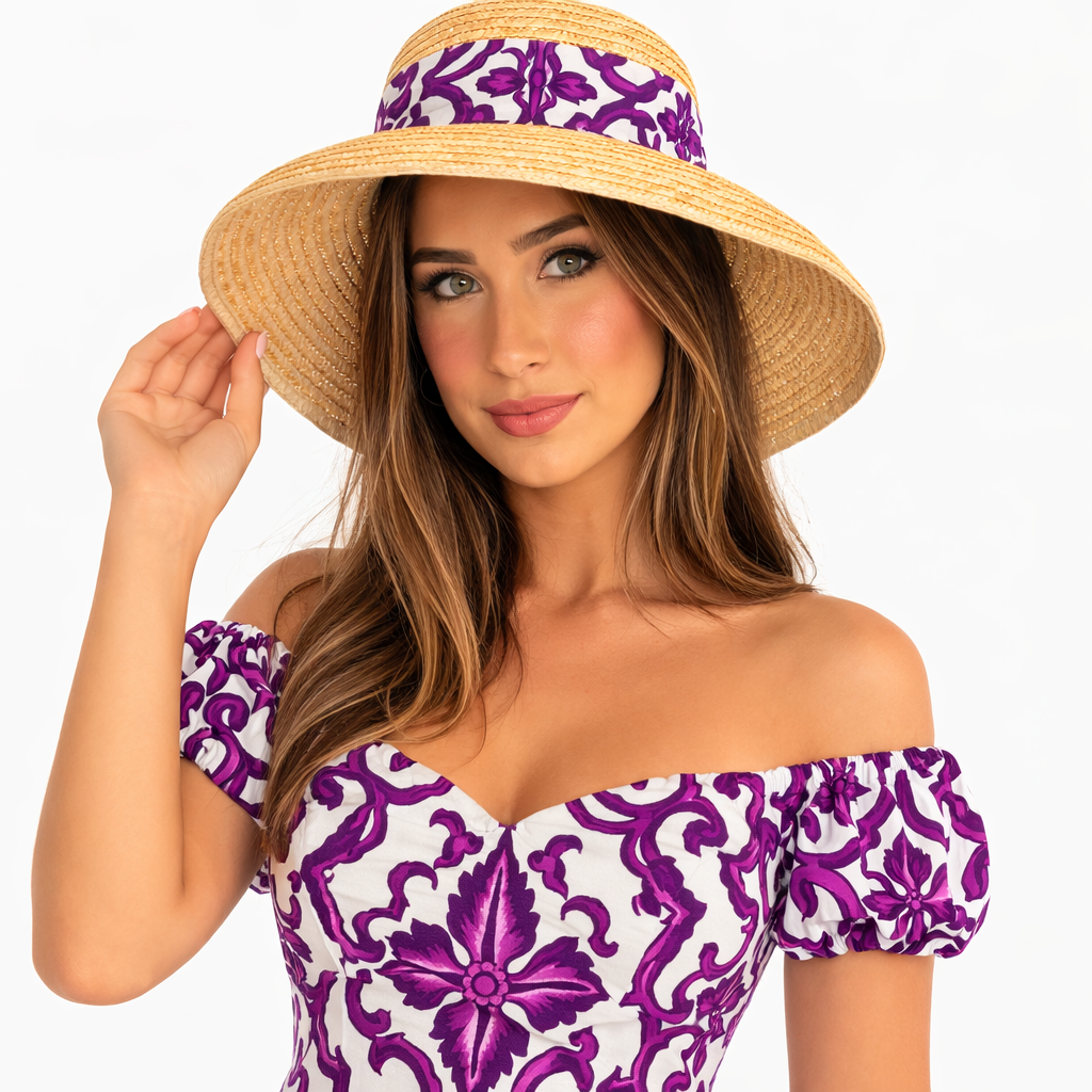 Cappello paglia stampa Ravello viola