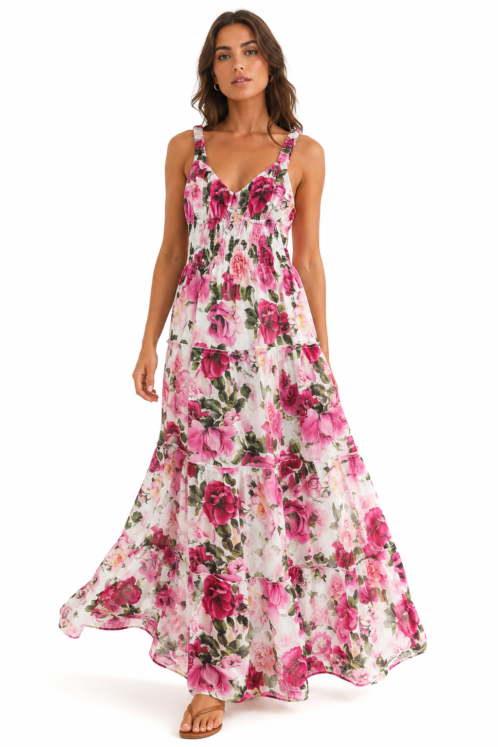 Abito Pesca lungo stampa Rose in lino bretelle elastiche