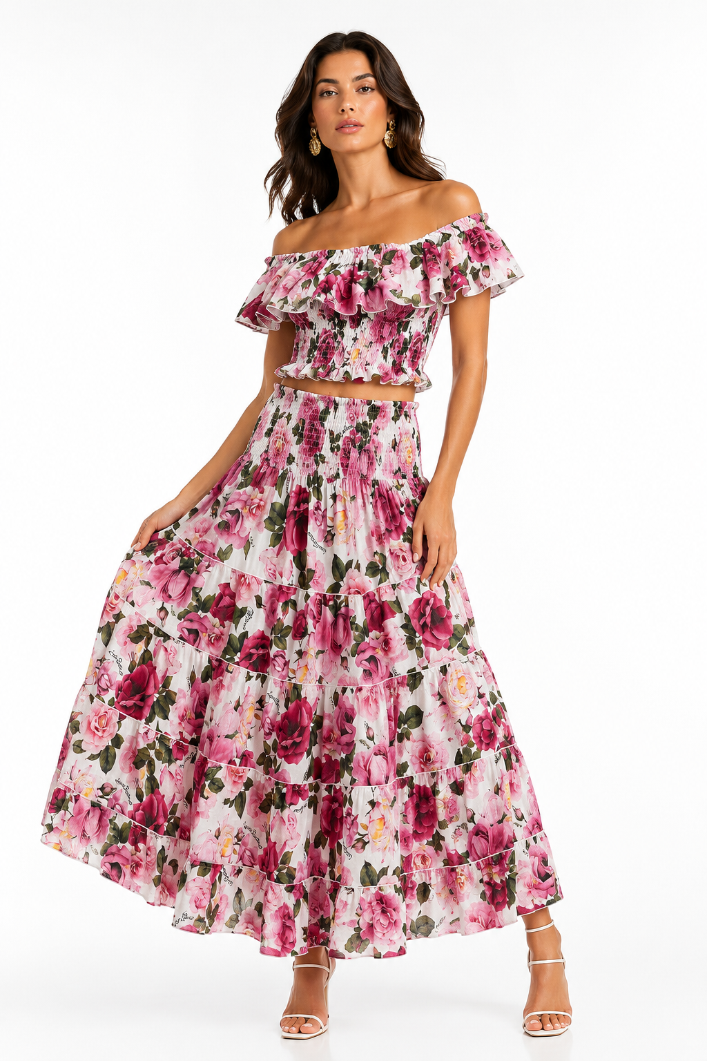 Completo top volant e gonna hedy in lino stampa Rose