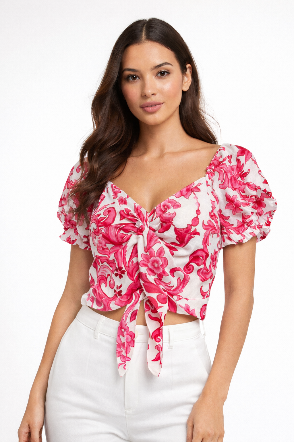 Cyclamen linen top with pink branch print