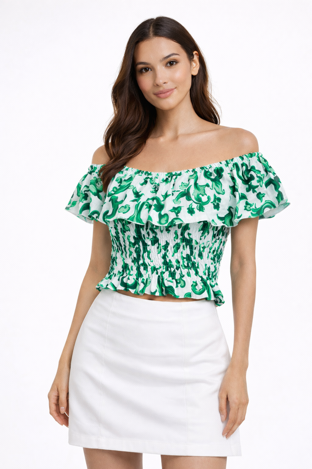 Ravello green print linen top with ruffles