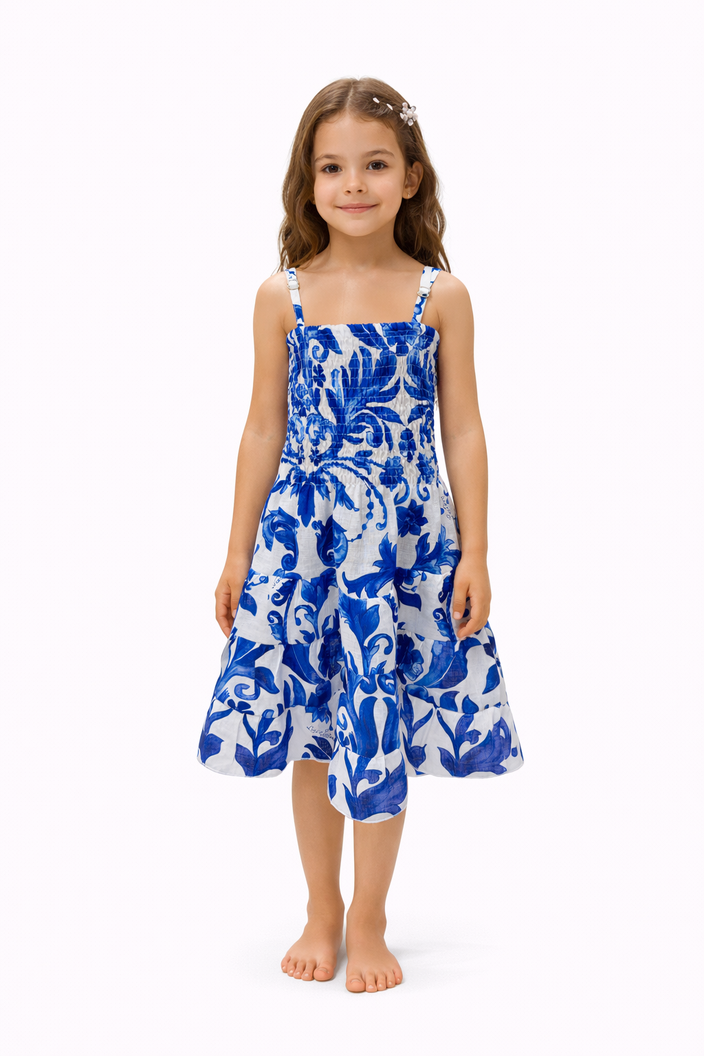 Sepia girls' dress in blue branch print linen
