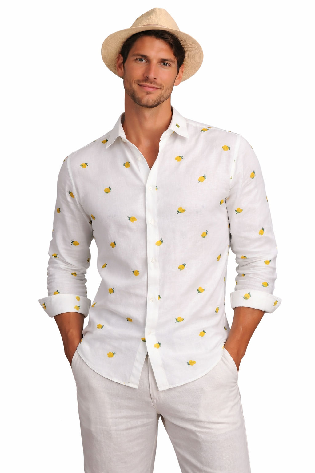 Men's white embroidered lemon linen shirt