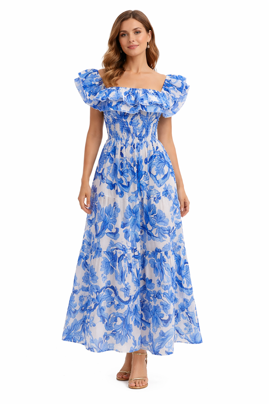 Double ruffle linen dress in blue paint print